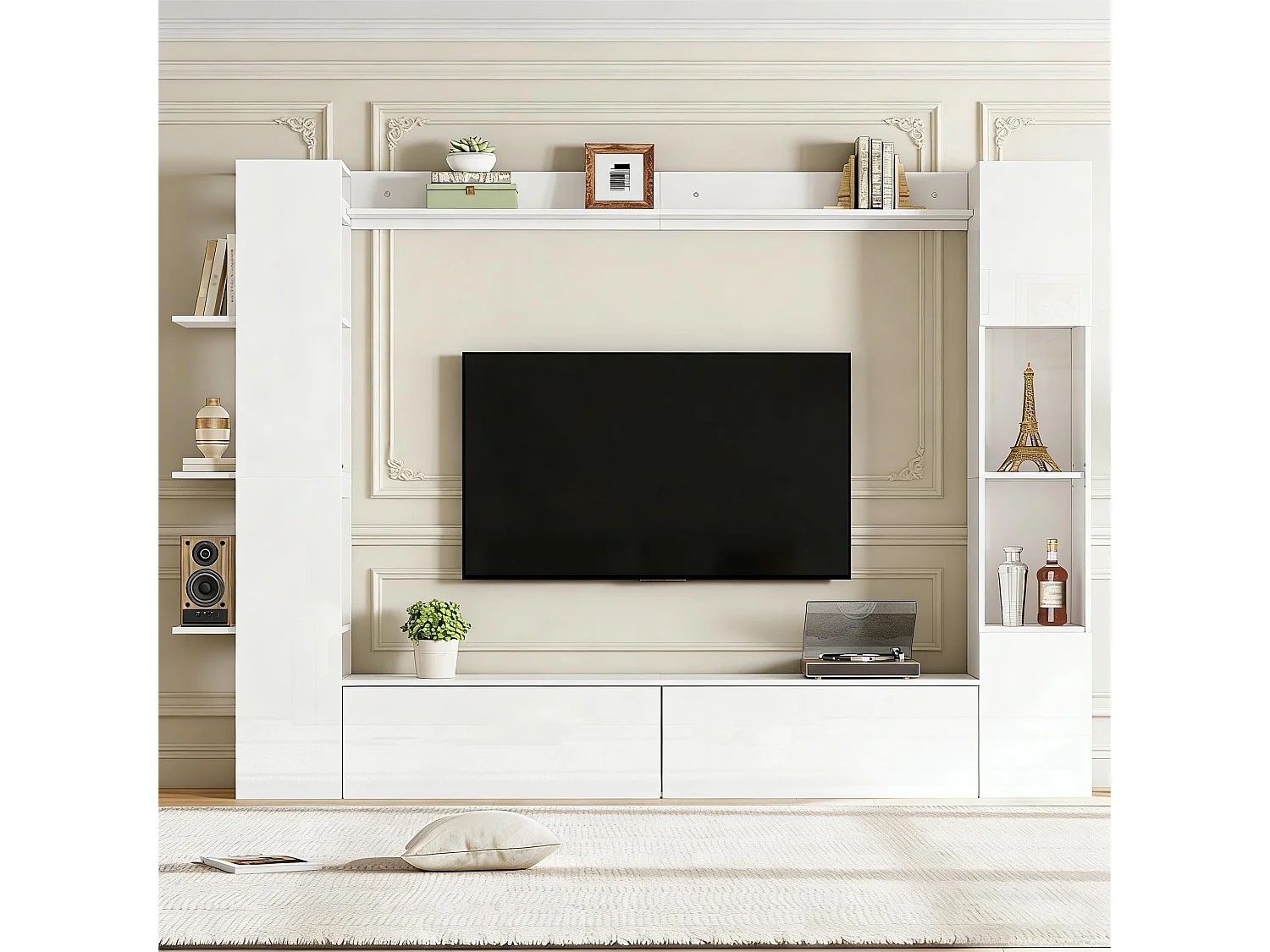 Wohnzimmer TV-Möbel-Set - Vitrine, TV-Schrank, offene Regale - Hochglanz-Finish - MDF - Weiß