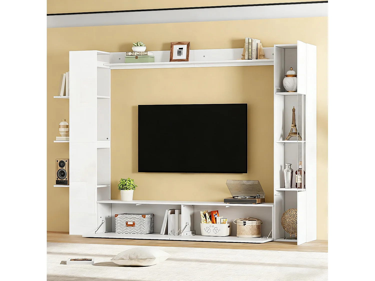 Wohnzimmer TV-Möbel-Set - Vitrine, TV-Schrank, offene Regale - Hochglanz-Finish - MDF - Weiß