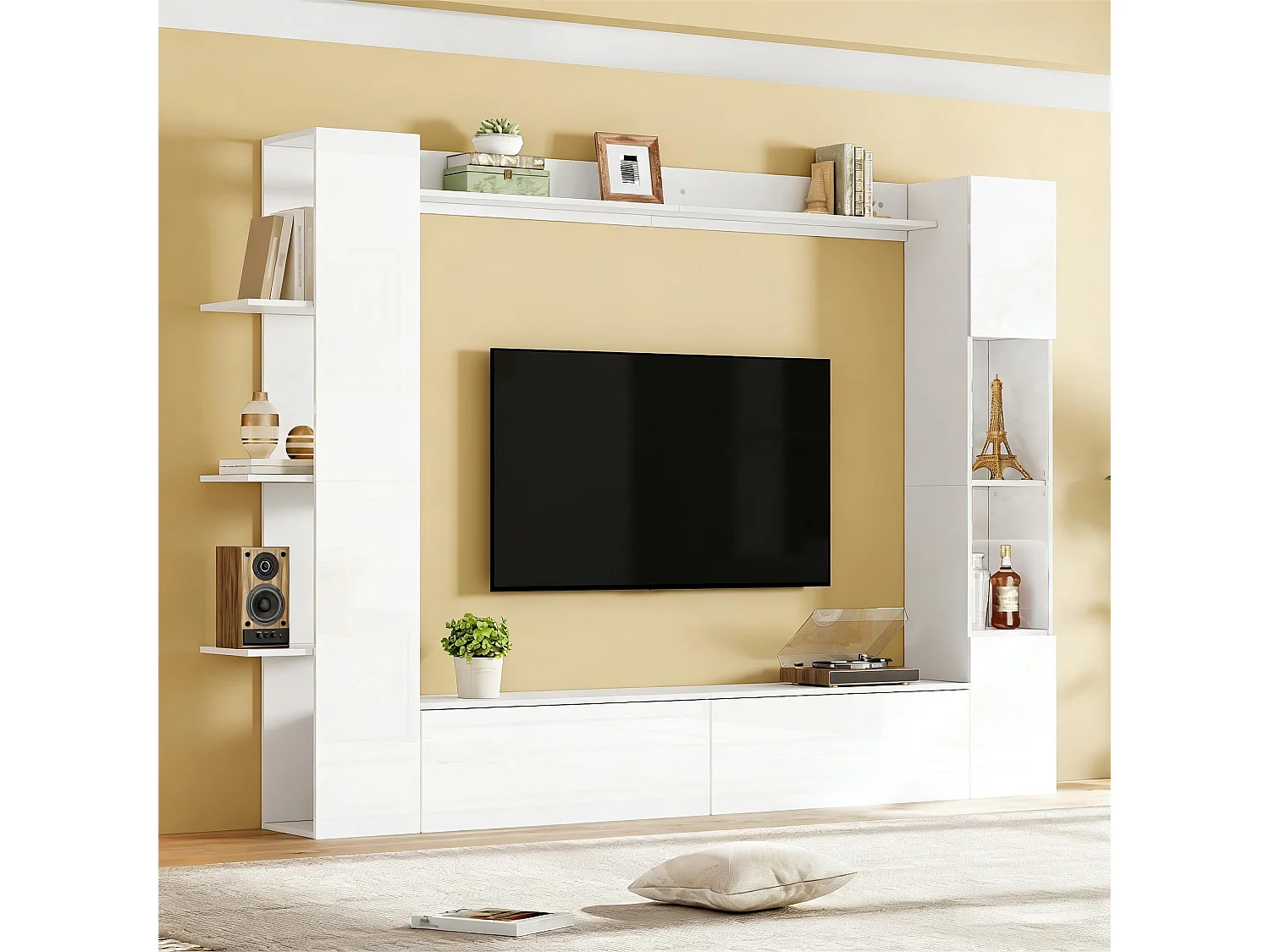 Wohnzimmer TV-Möbel-Set - Vitrine, TV-Schrank, offene Regale - Hochglanz-Finish - MDF - Weiß