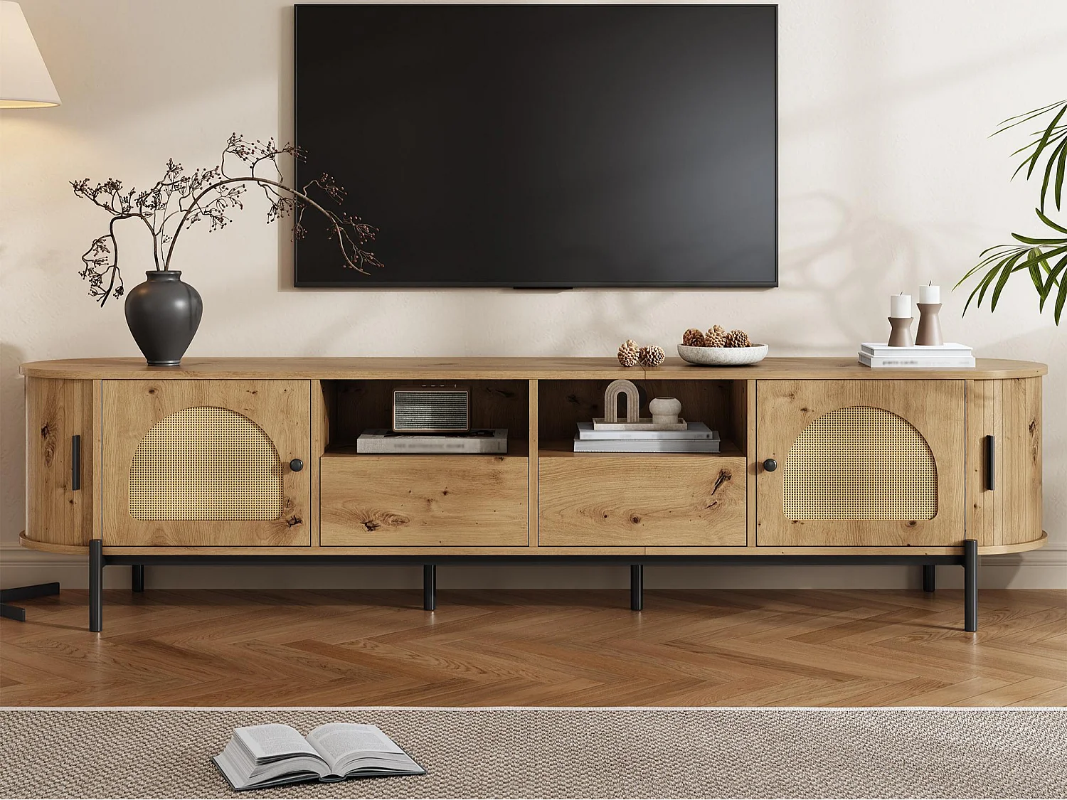 Ovaler TV-Schrank aus Rattan - 4 Türen und 2 Schubladen - Metallfüße in Holzoptik - MDF - 200x40x49,5cm - Natur