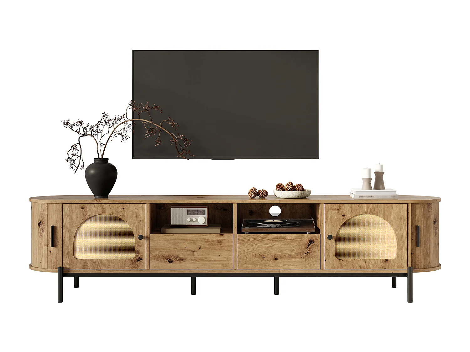 Ovaler TV-Schrank aus Rattan - 4 Türen und 2 Schubladen - Metallfüße in Holzoptik - MDF - 200x40x49,5cm - Natur