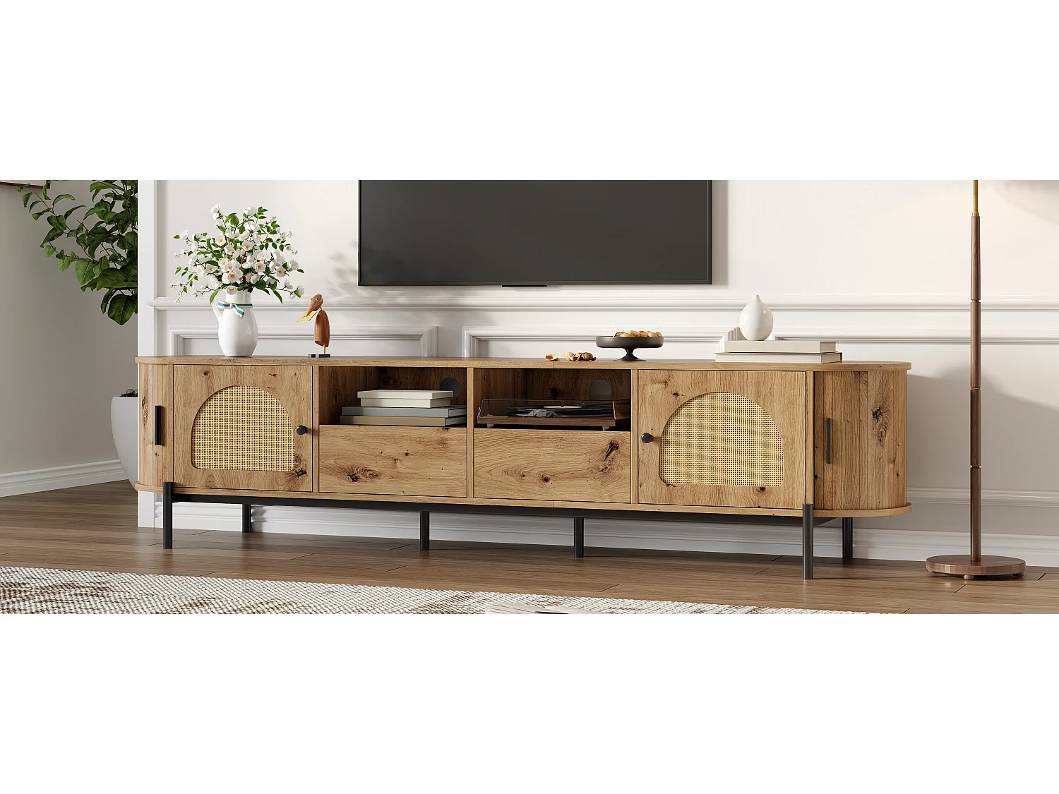 Ovaler TV-Schrank aus Rattan - 4 Türen und 2 Schubladen - Metallfüße in Holzoptik - MDF - 200x40x49,5cm - Natur