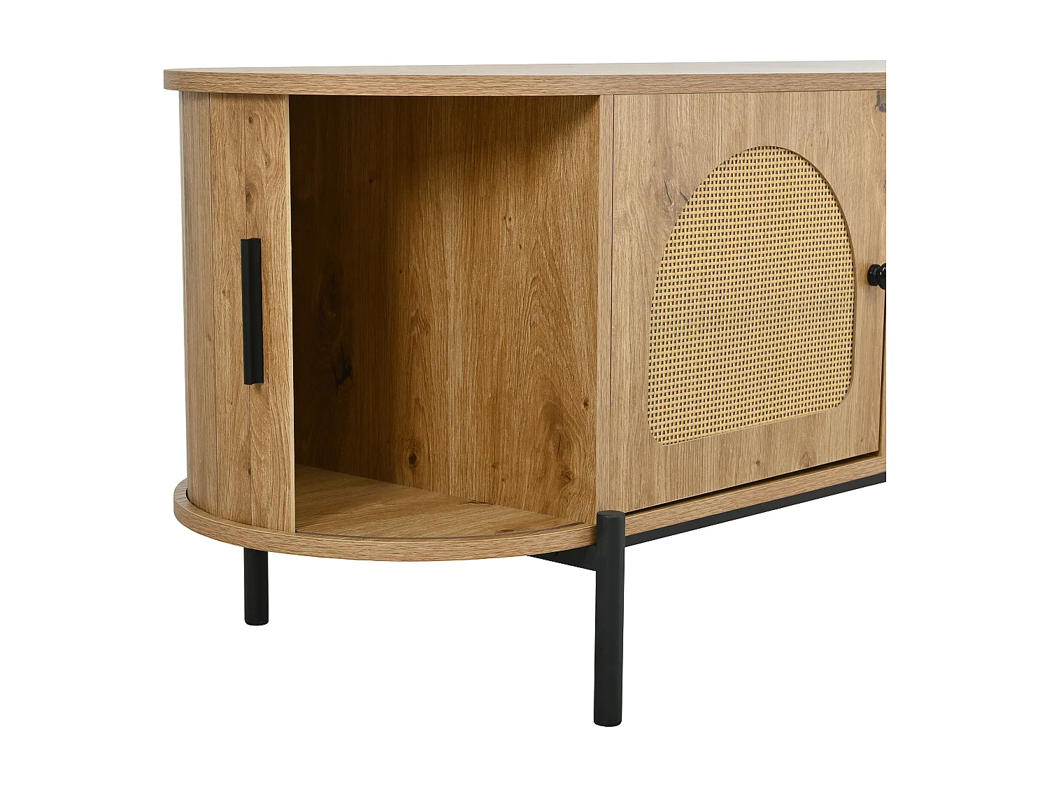 Ovaler TV-Schrank aus Rattan - 4 Türen und 2 Schubladen - Metallfüße in Holzoptik - MDF - 200x40x49,5cm - Natur