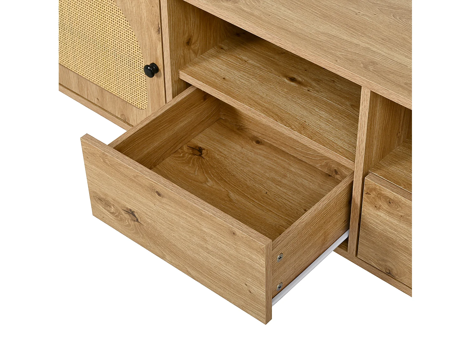 Ovaler TV-Schrank aus Rattan - 4 Türen und 2 Schubladen - Metallfüße in Holzoptik - MDF - 200x40x49,5cm - Natur