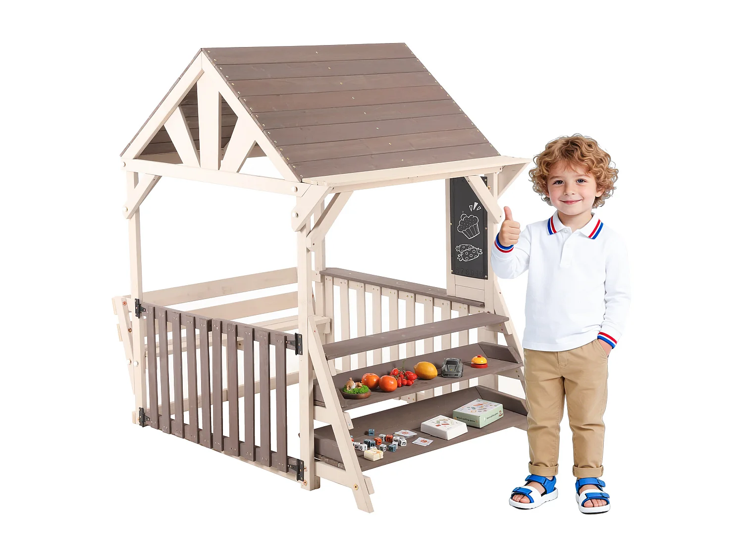 Jouets de cuisine pour enfants pour le jardin - avec toit étanche à la pluie et rambarde à mi-hauteur- Jouet d’Imitation pour 3 Ans+ (Naturel+Gris)