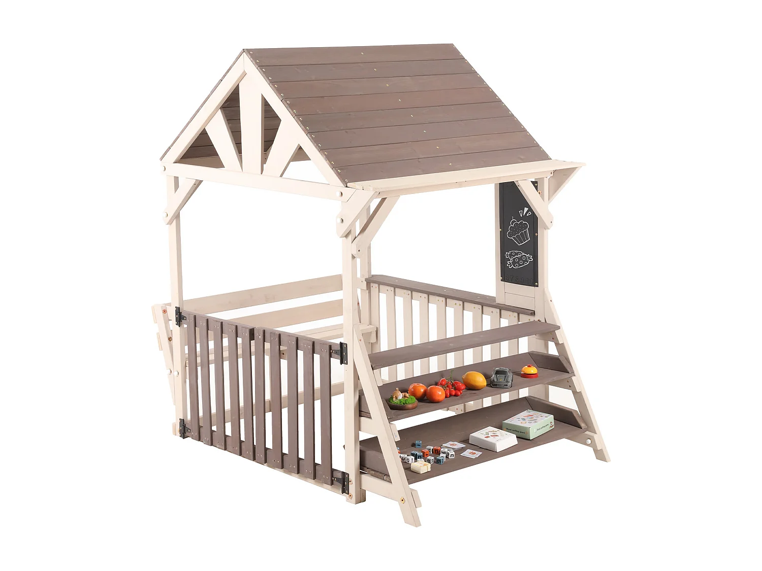 Jouets de cuisine pour enfants pour le jardin - avec toit étanche à la pluie et rambarde à mi-hauteur- Jouet d’Imitation pour 3 Ans+ (Naturel+Gris)