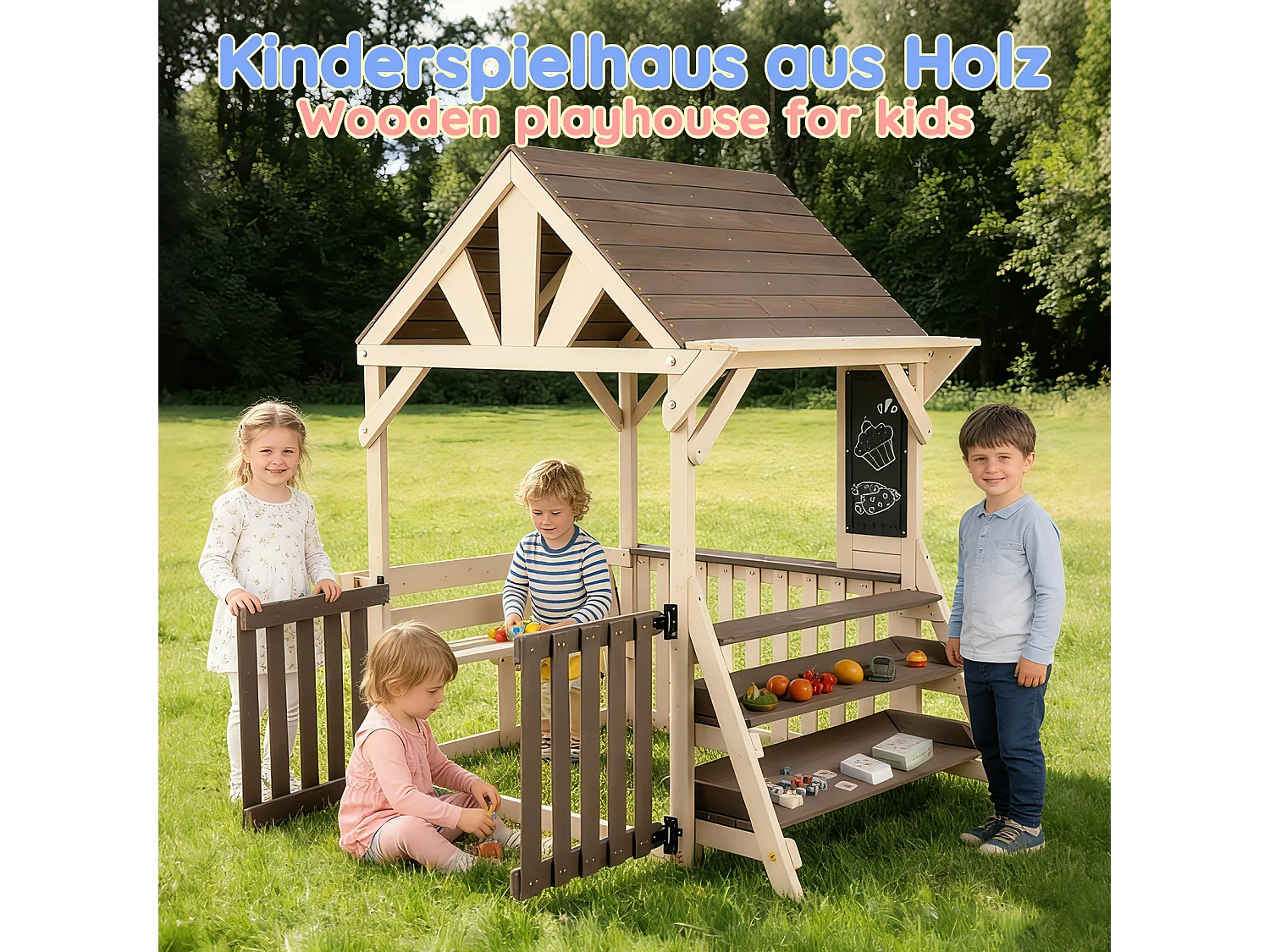 Jouets de cuisine pour enfants pour le jardin - avec toit étanche à la pluie et rambarde à mi-hauteur- Jouet d’Imitation pour 3 Ans+ (Naturel+Gris)