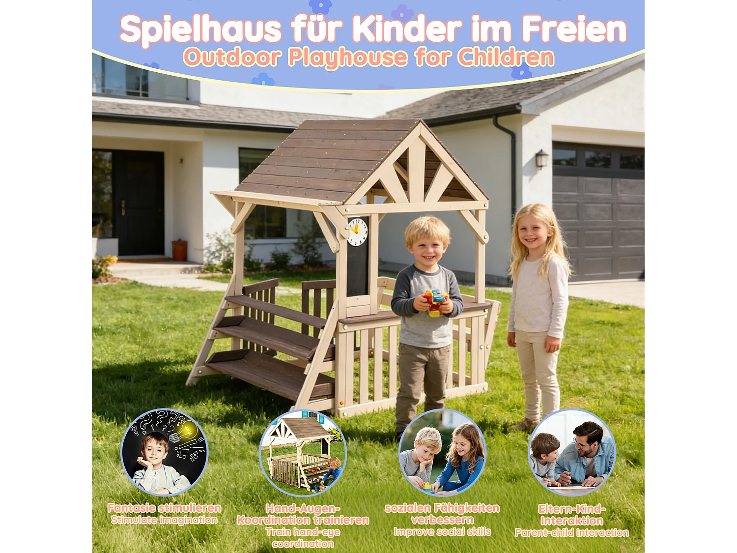 Jouets de cuisine pour enfants pour le jardin - avec toit étanche à la pluie et rambarde à mi-hauteur- Jouet d’Imitation pour 3 Ans+ (Naturel+Gris)