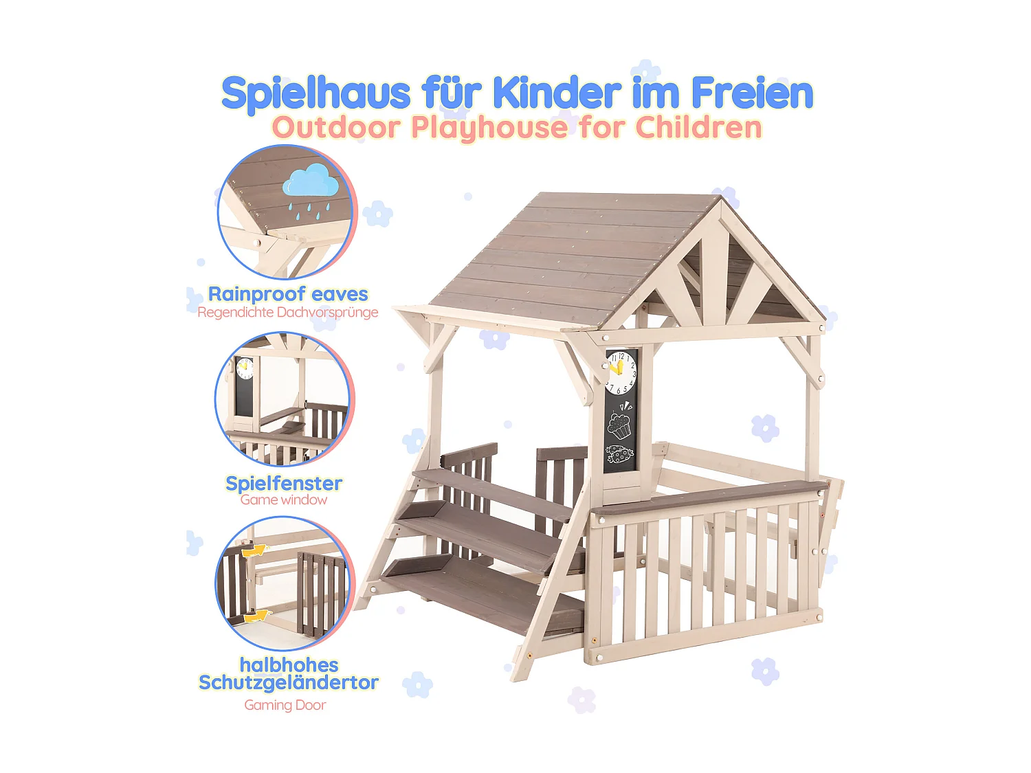 Jouets de cuisine pour enfants pour le jardin - avec toit étanche à la pluie et rambarde à mi-hauteur- Jouet d’Imitation pour 3 Ans+ (Naturel+Gris)