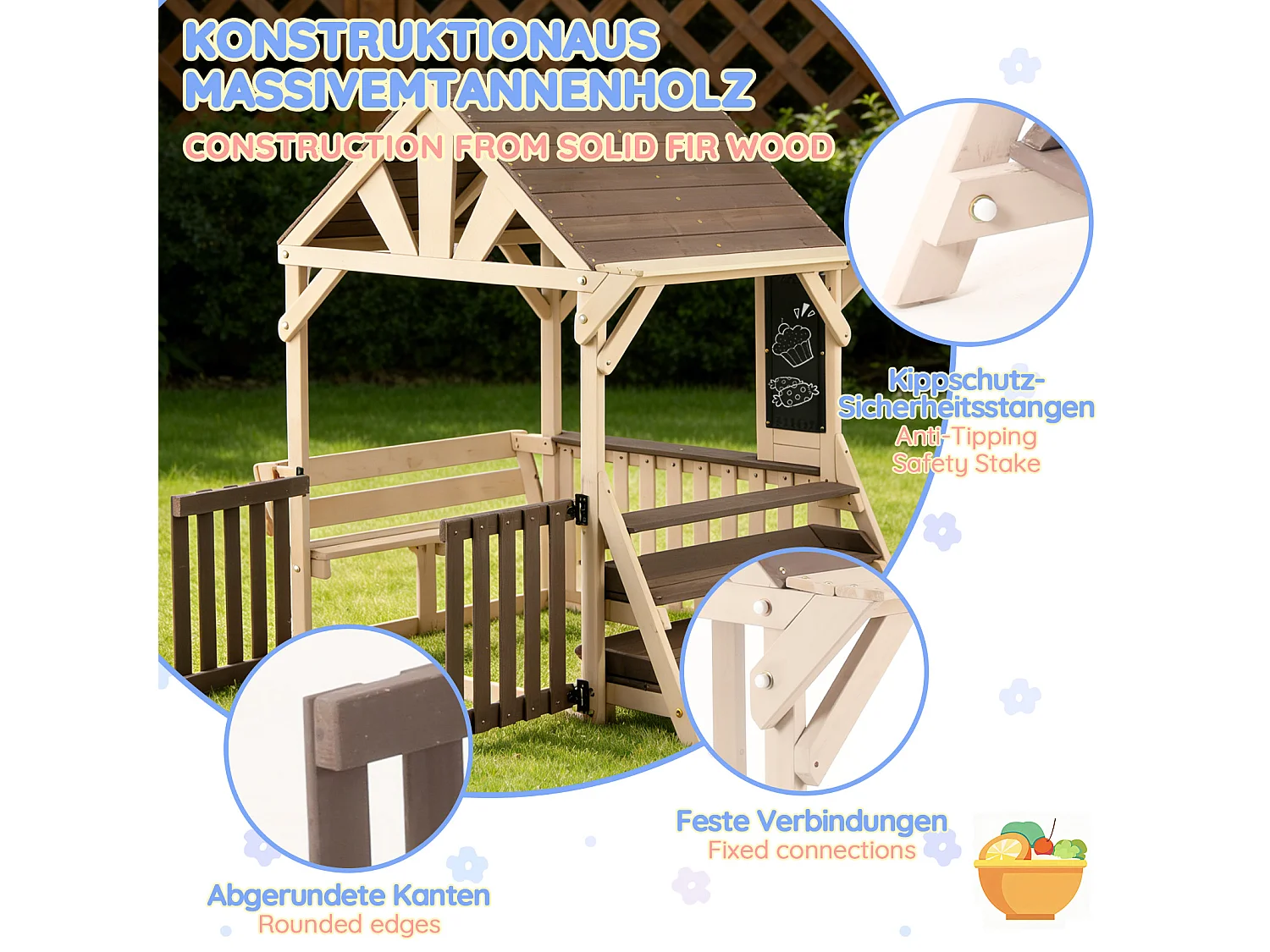 Jouets de cuisine pour enfants pour le jardin - avec toit étanche à la pluie et rambarde à mi-hauteur- Jouet d’Imitation pour 3 Ans+ (Naturel+Gris)