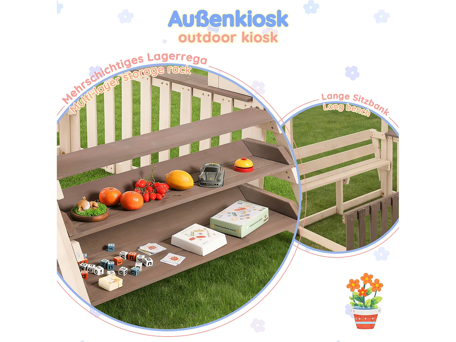 Jouets de cuisine pour enfants pour le jardin - avec toit étanche à la pluie et rambarde à mi-hauteur- Jouet d’Imitation pour 3 Ans+ (Naturel+Gris)