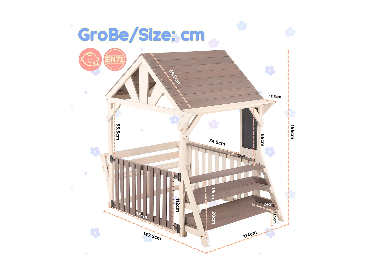 Jouets de cuisine pour enfants pour le jardin - avec toit étanche à la pluie et rambarde à mi-hauteur- Jouet d’Imitation pour 3 Ans+ (Naturel+Gris)