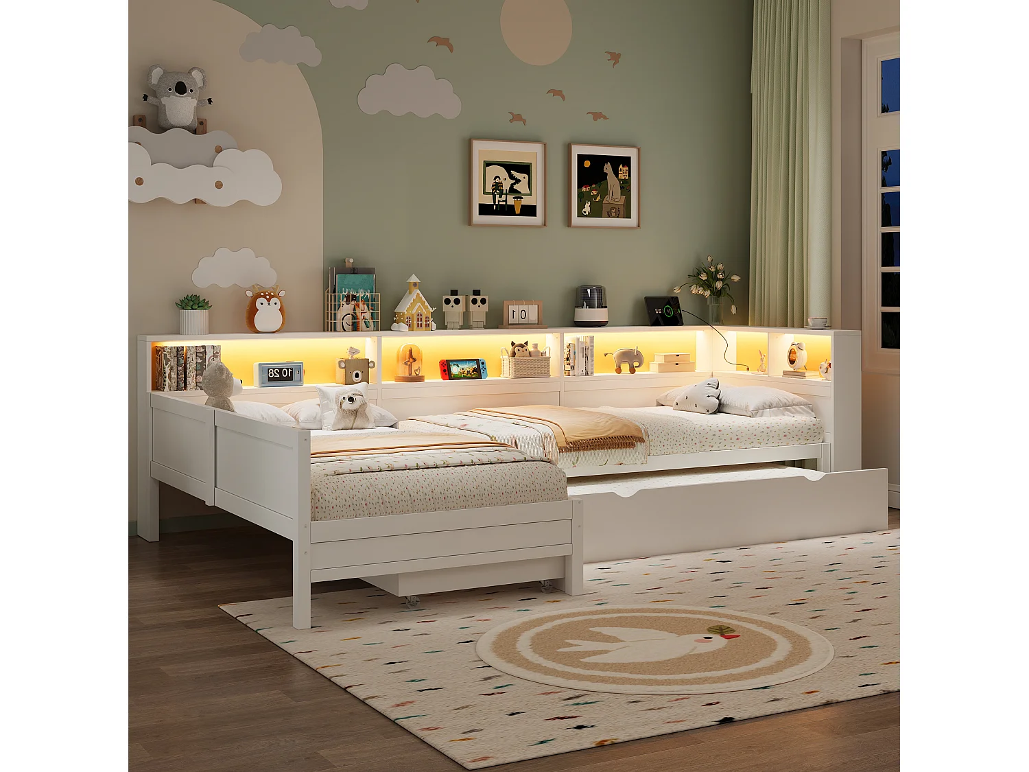 Lit plateforme en forme de L 2 places - 2 x 90 x 200  - avec tiroir + étagère de rangement - MDF - blanc