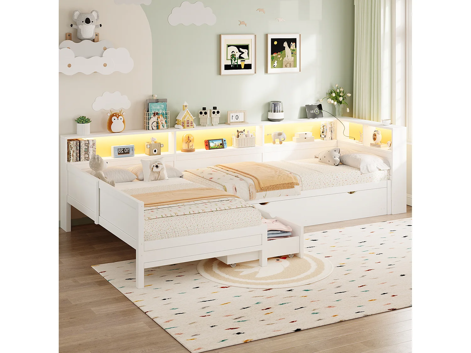 Lit plateforme en forme de L 2 places - 2 x 90 x 200  - avec tiroir + étagère de rangement - MDF - blanc