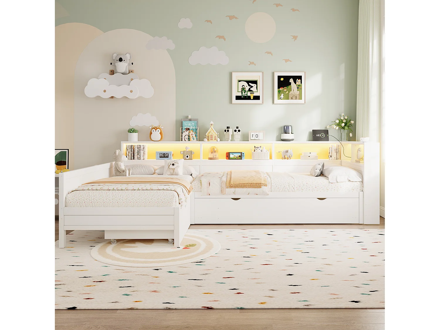 Lit plateforme en forme de L 2 places - 2 x 90 x 200  - avec tiroir + étagère de rangement - MDF - blanc