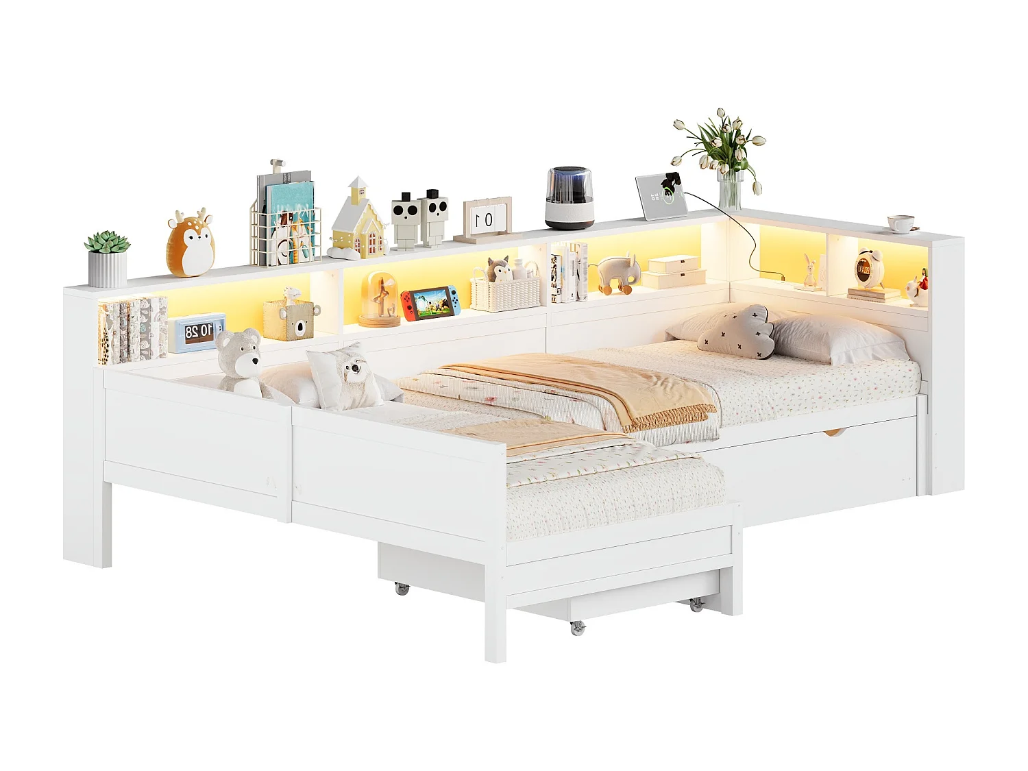 Lit plateforme en forme de L 2 places - 2 x 90 x 200  - avec tiroir + étagère de rangement - MDF - blanc