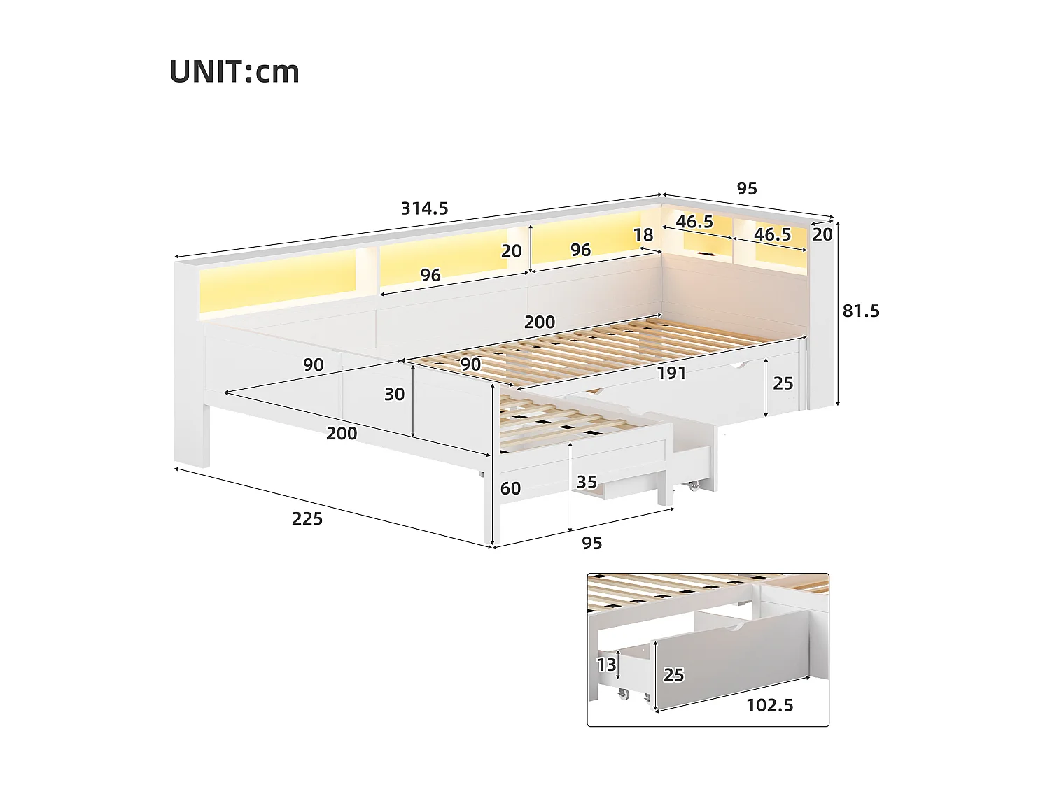 Lit plateforme en forme de L 2 places - 2 x 90 x 200  - avec tiroir + étagère de rangement - MDF - blanc