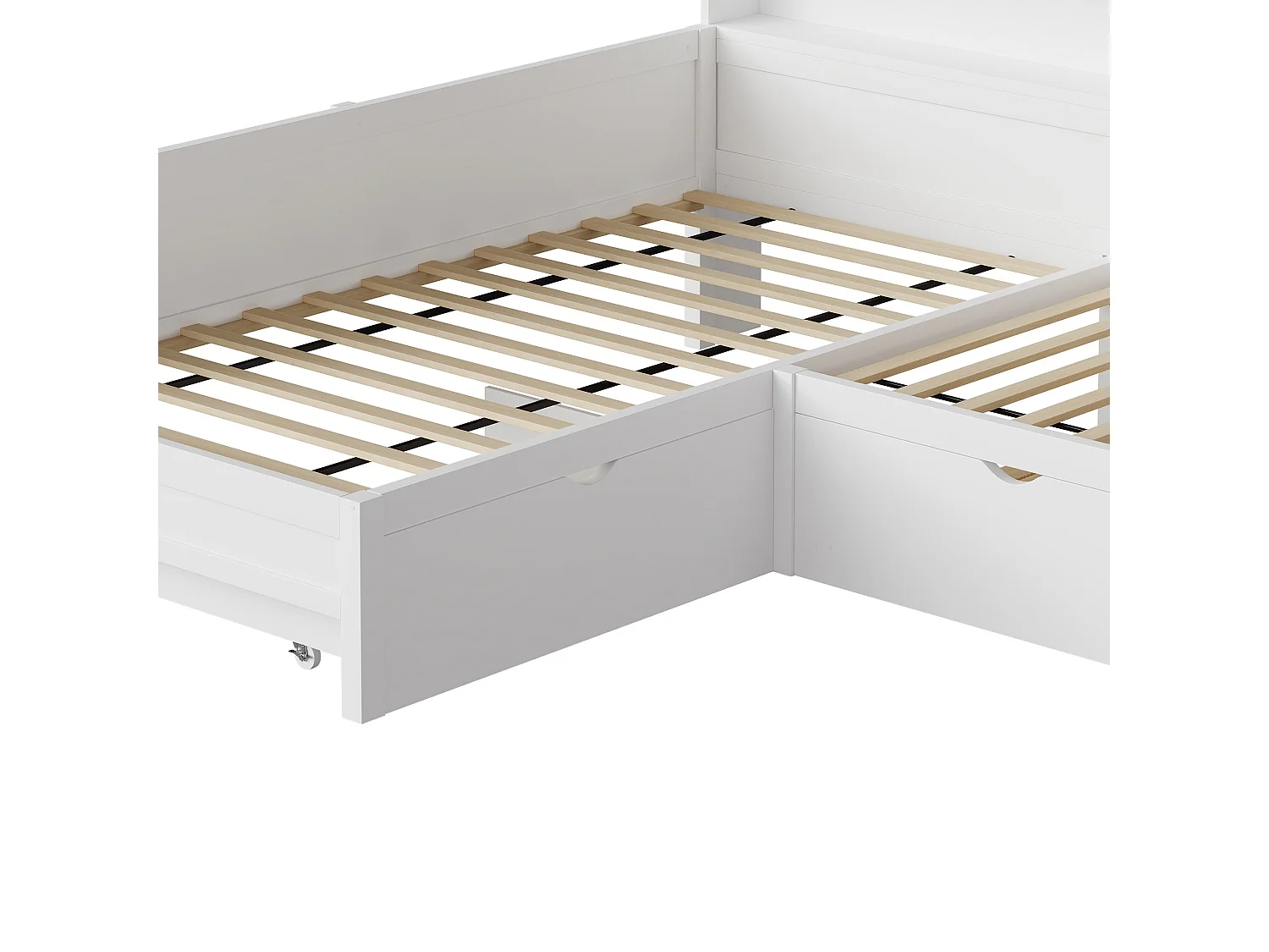 Lit plateforme en forme de L 2 places - 2 x 90 x 200  - avec tiroir + étagère de rangement - MDF - blanc