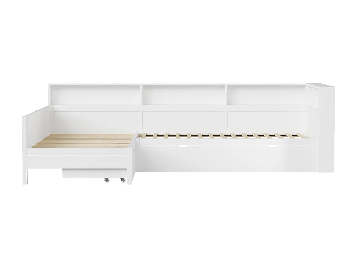 Lit plateforme en forme de L 2 places - 2 x 90 x 200  - avec tiroir + étagère de rangement - MDF - blanc