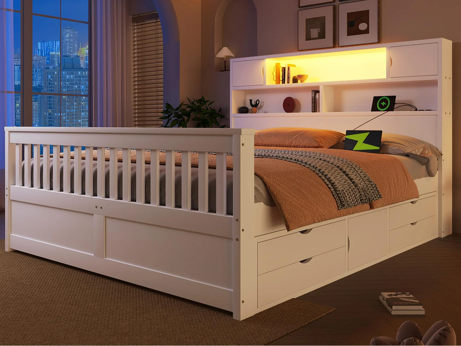 Doppelbett 160x200 cm - Mit 4 Schubladen - Kopfteil mit Stauraum - LED-Beleuchtung und USB-Anschluss - MDF - Weiß​ (ohne Matratze)