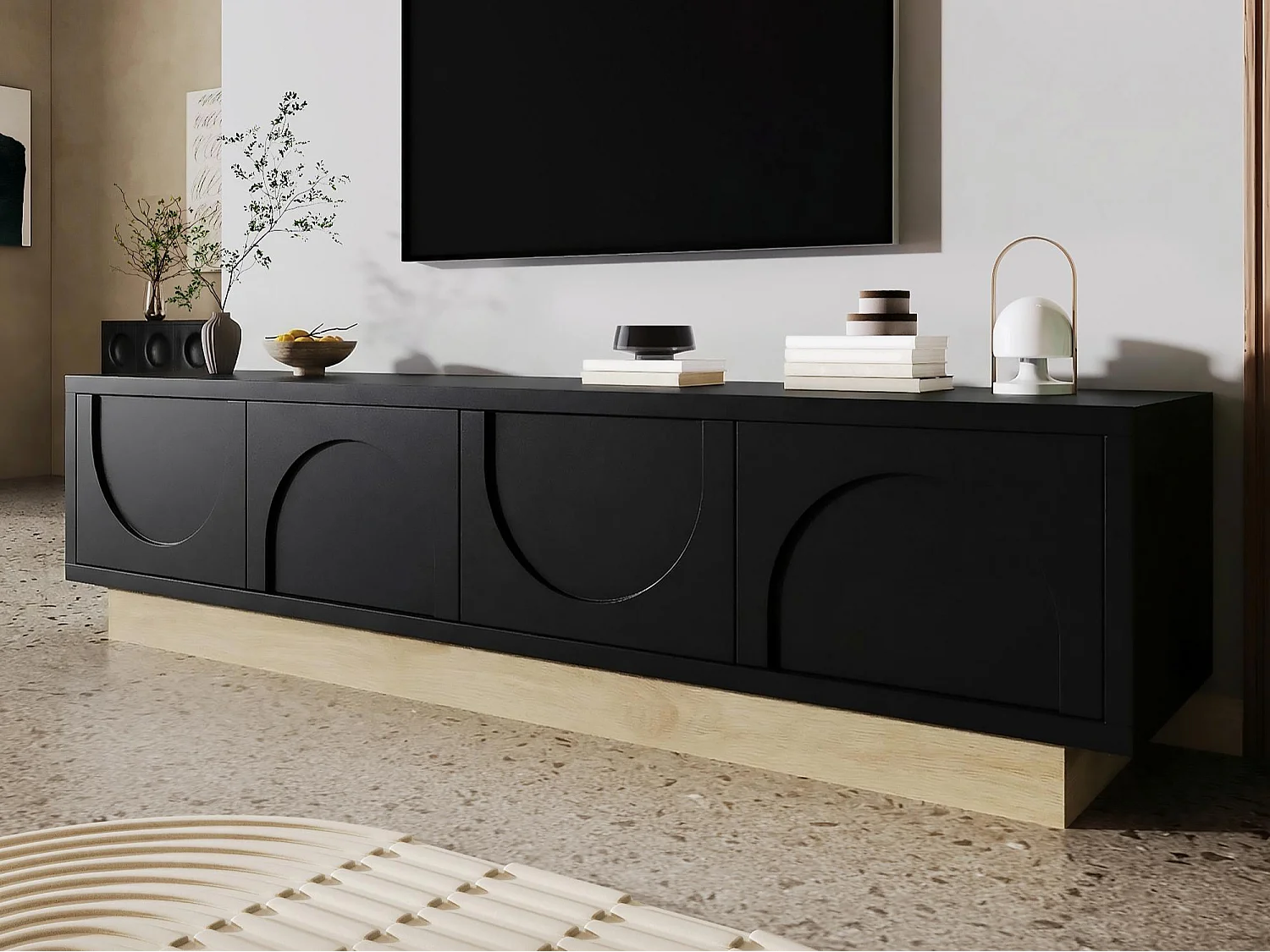 Moderner TV-Schrank 175 x 40 x 42 cm - geschwungenes Design - 4 Türen - Basis in Holzoptik - MDF - schwarz