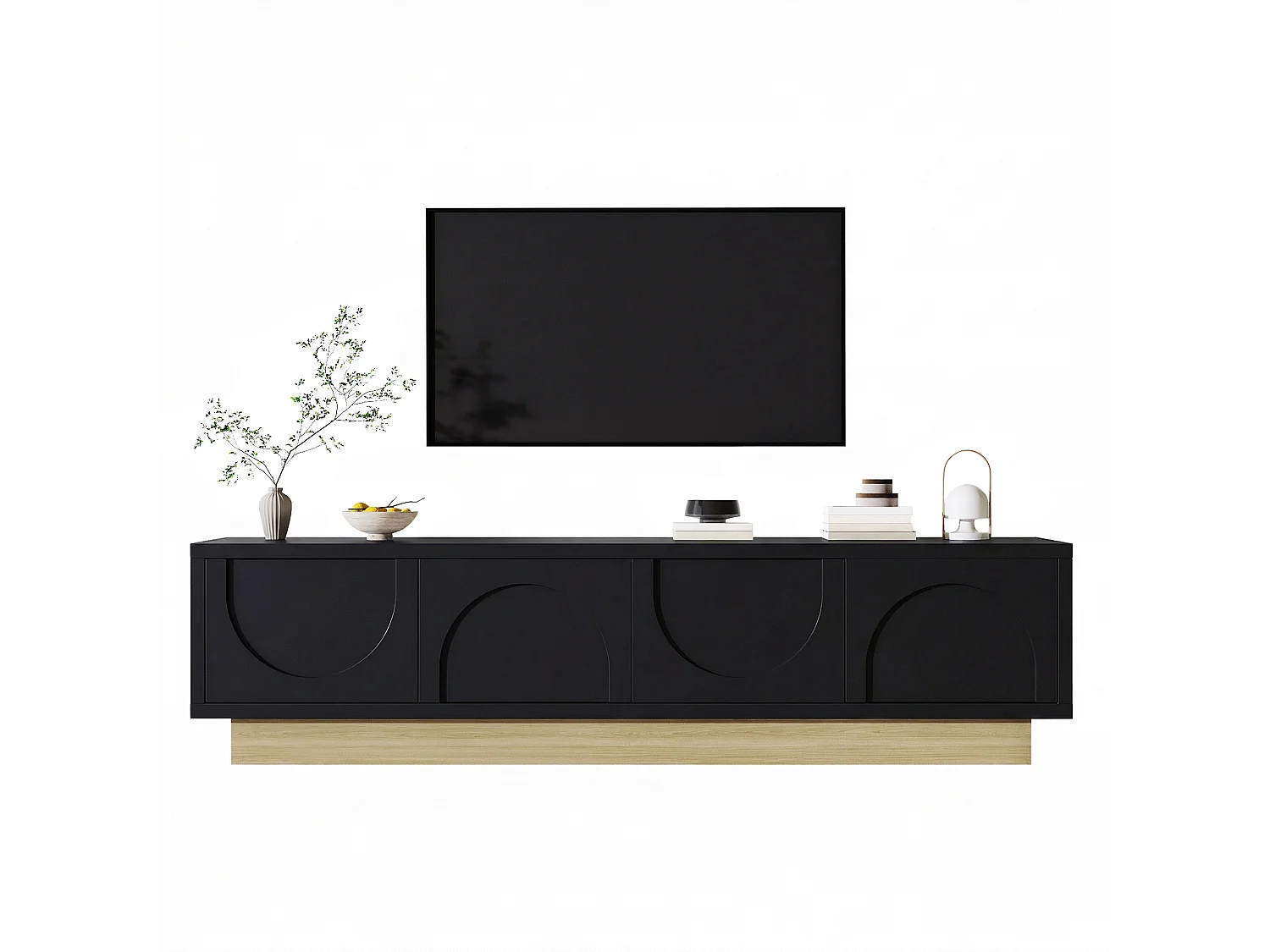 Moderner TV-Schrank 175 x 40 x 42 cm - geschwungenes Design - 4 Türen - Basis in Holzoptik - MDF - schwarz