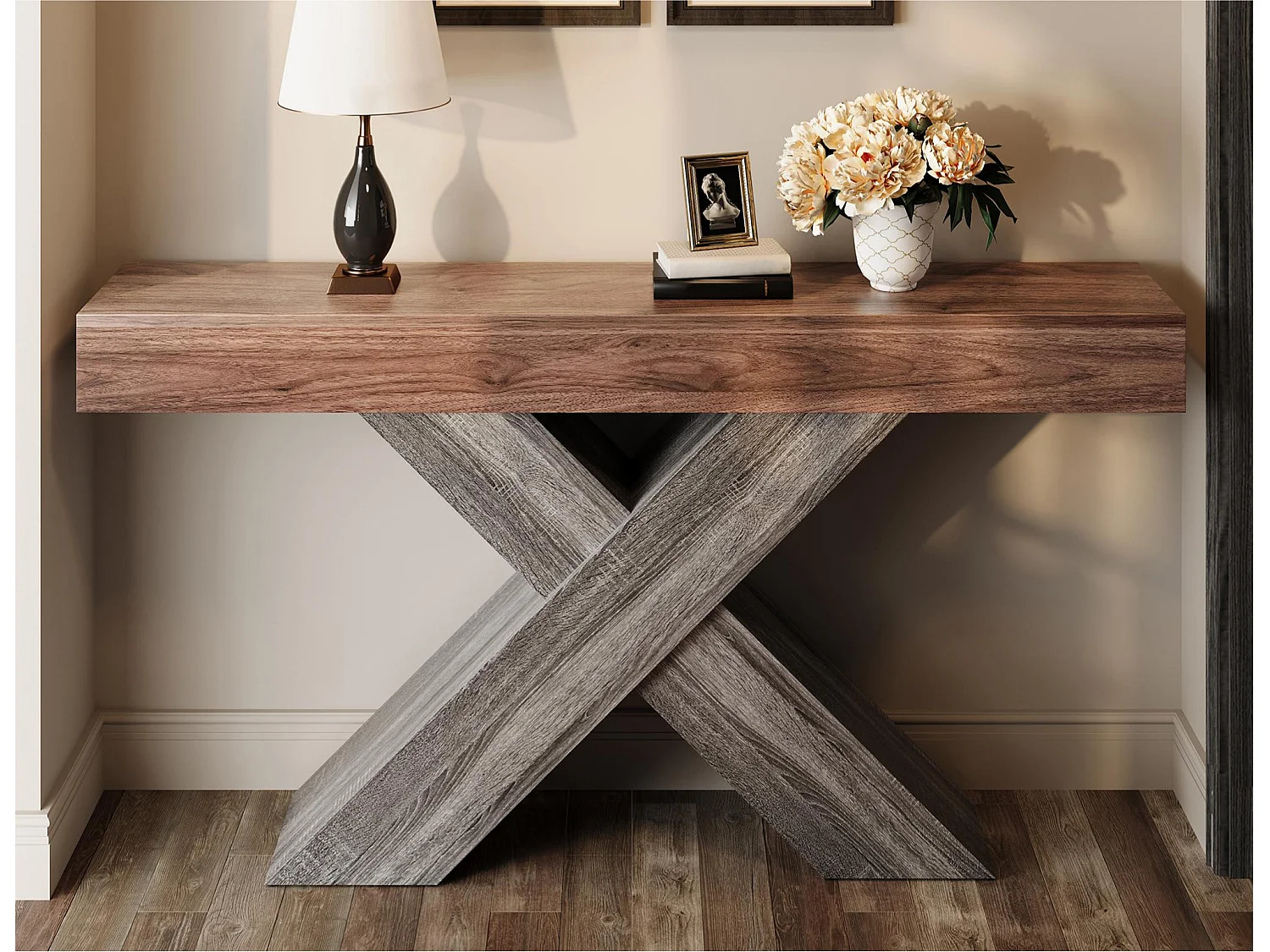 Table d'appoint à pieds en X  - 40x30x80 cm - Aspect bois veiné - Plateau massif - Panneaux de particules - Marron