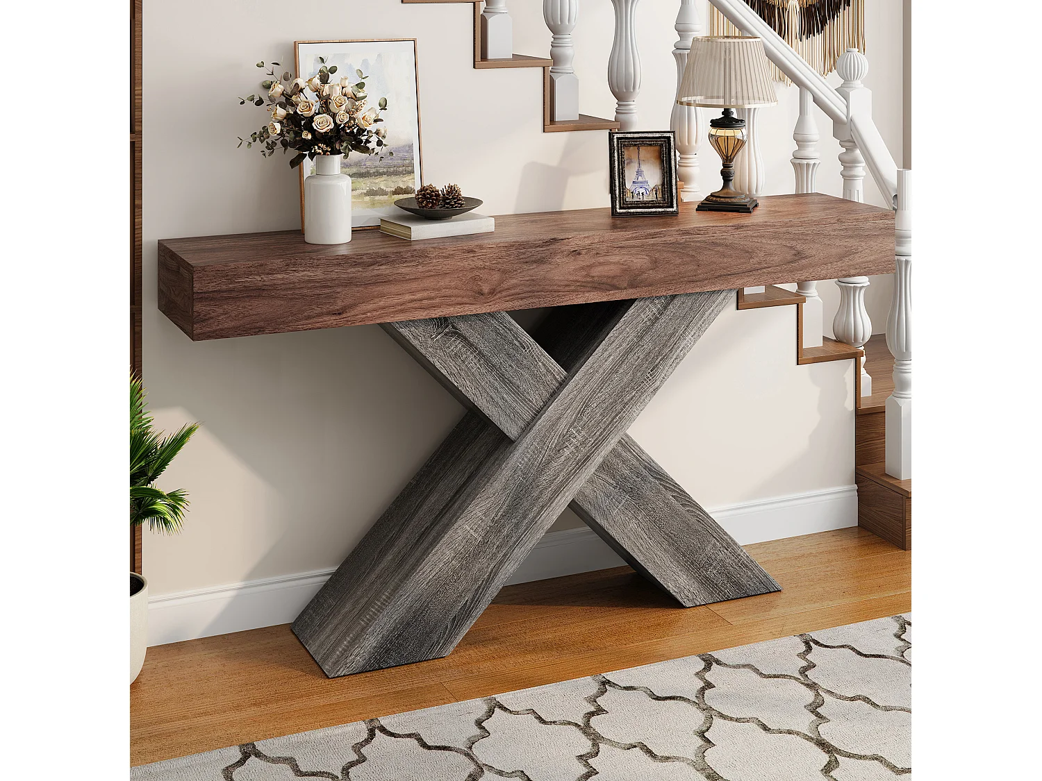 Table d'appoint à pieds en X  - 40x30x80 cm - Aspect bois veiné - Plateau massif - Panneaux de particules - Marron