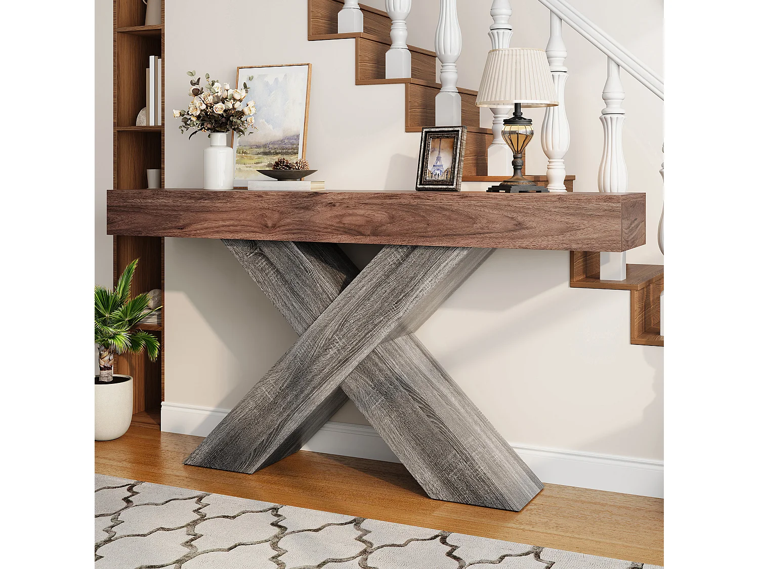 Table d'appoint à pieds en X  - 40x30x80 cm - Aspect bois veiné - Plateau massif - Panneaux de particules - Marron