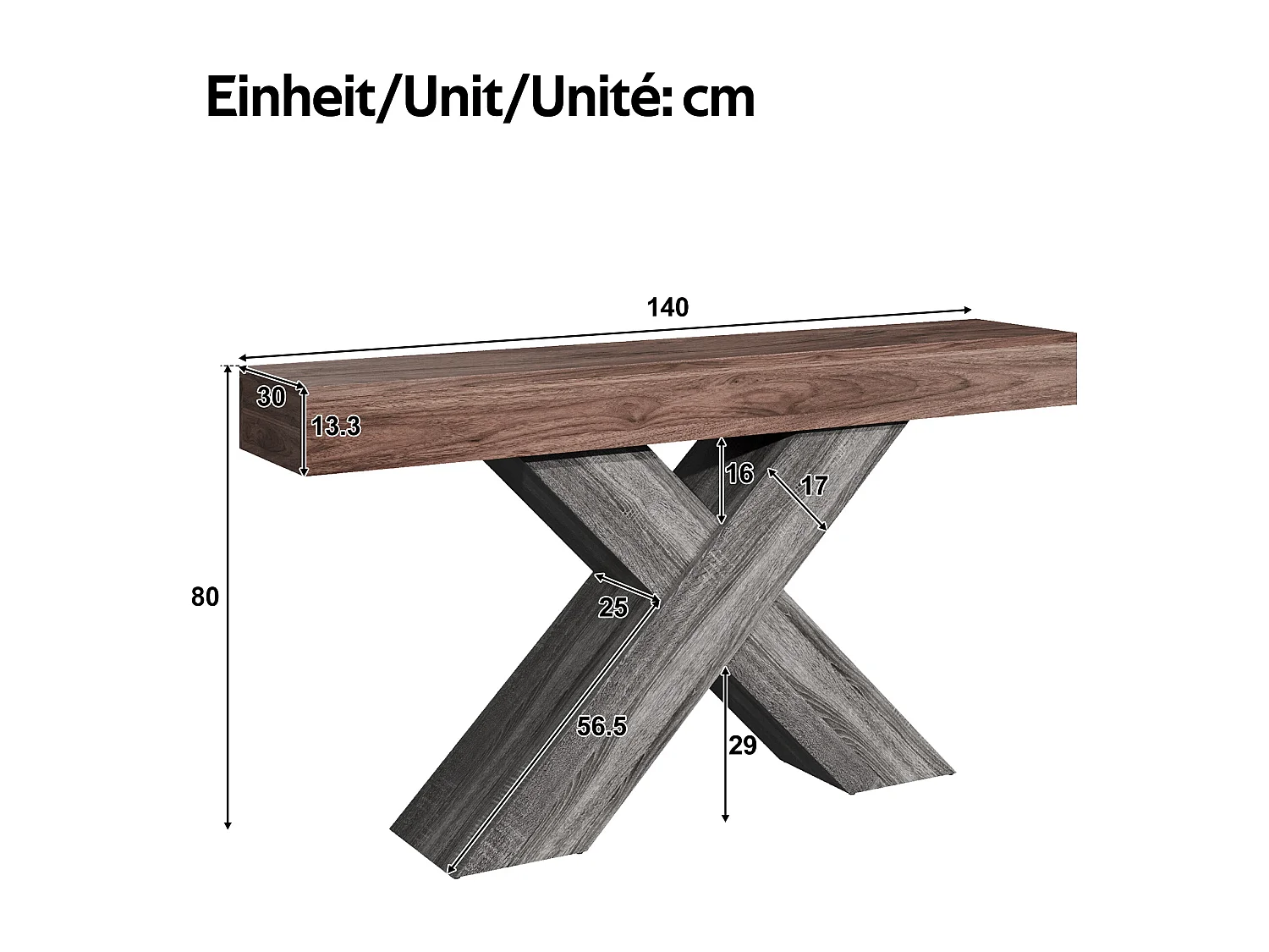 Table d'appoint à pieds en X  - 40x30x80 cm - Aspect bois veiné - Plateau massif - Panneaux de particules - Marron