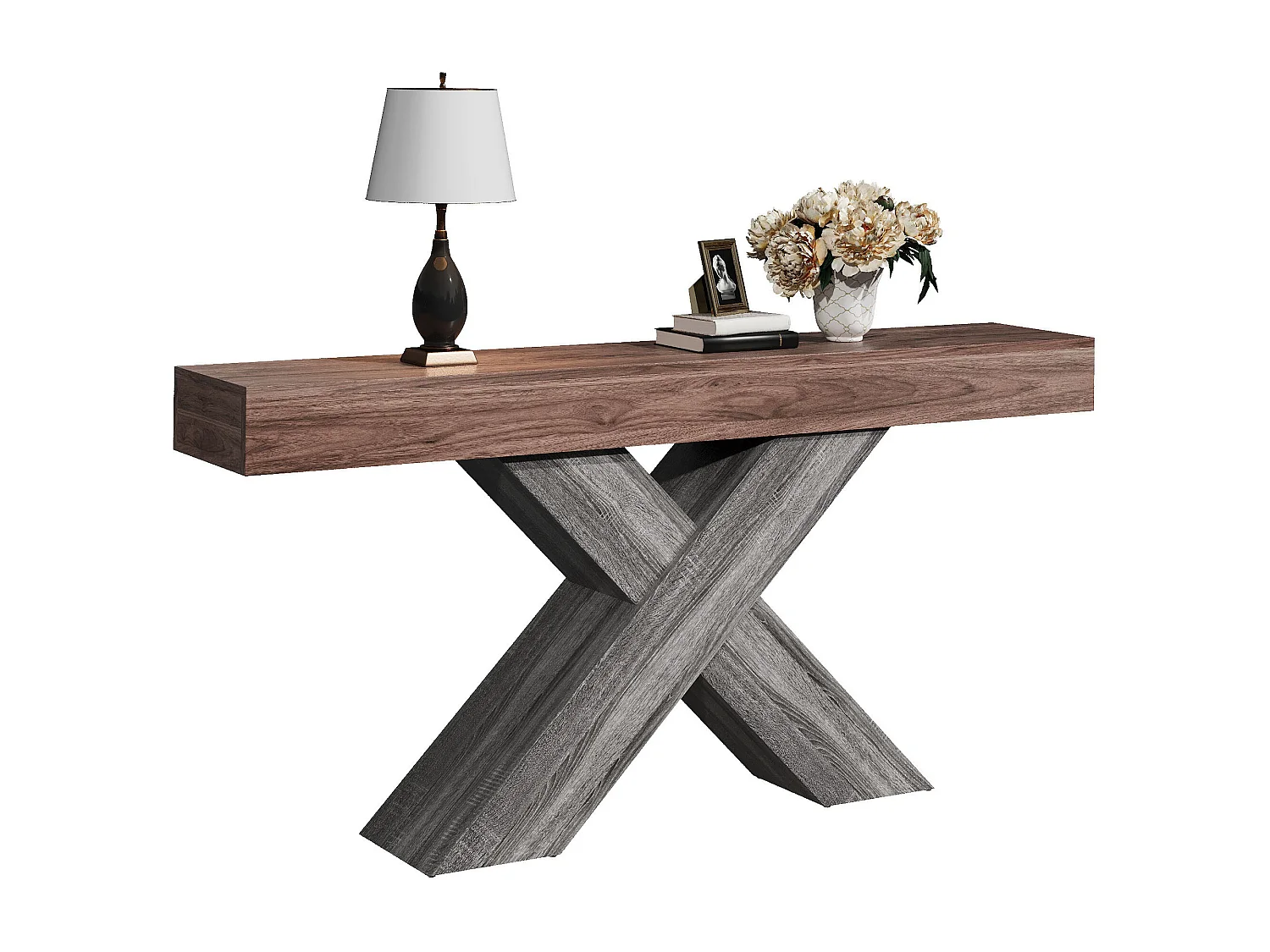 Table d'appoint à pieds en X  - 40x30x80 cm - Aspect bois veiné - Plateau massif - Panneaux de particules - Marron