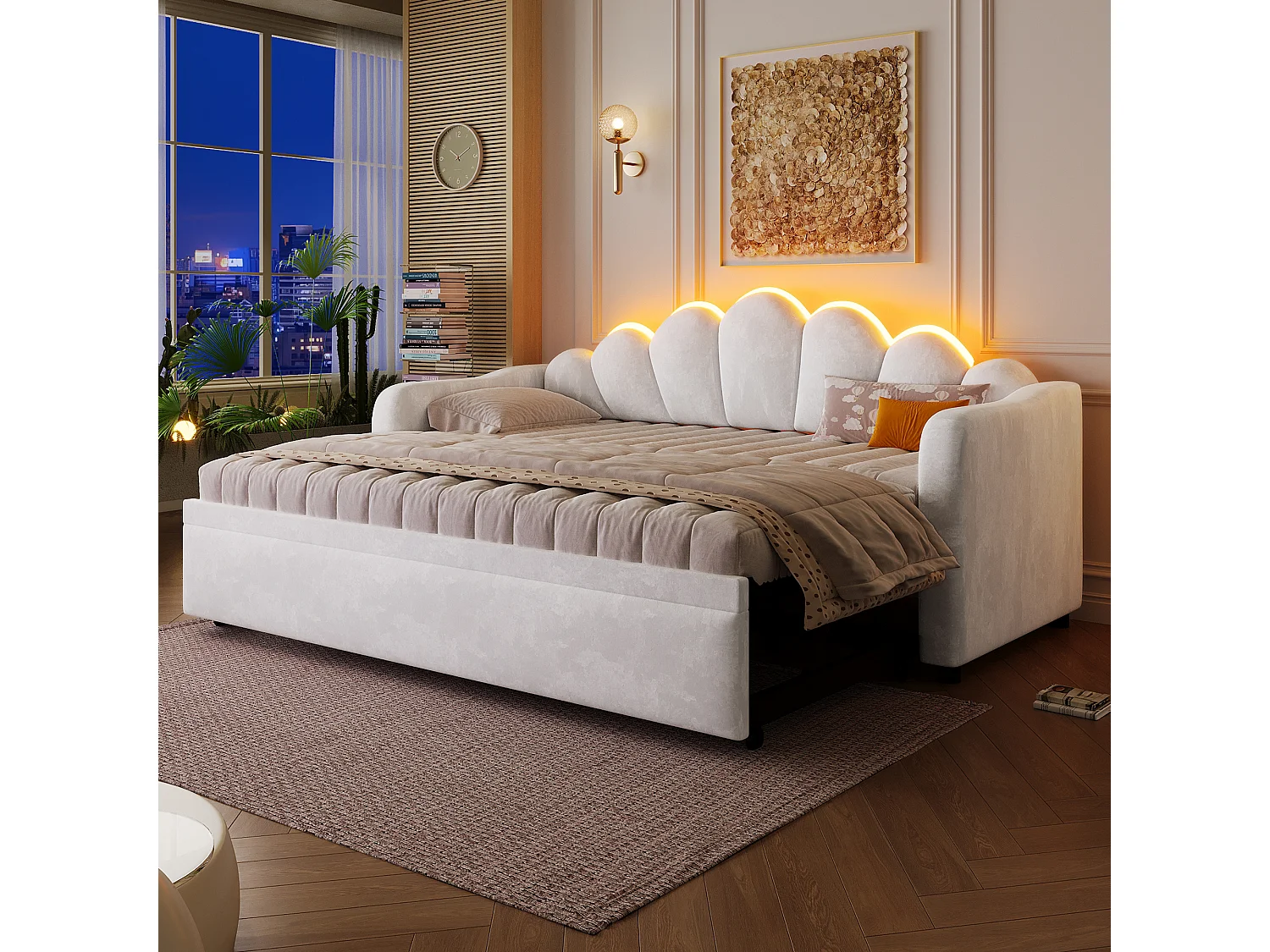 Lit banquette capitonnée gigogne - 90/180 x 200 cm - avec Leds - MDF - blanc