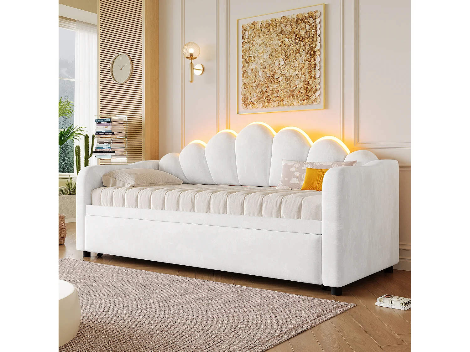 Lit banquette capitonnée gigogne - 90/180 x 200 cm - avec Leds - MDF - blanc