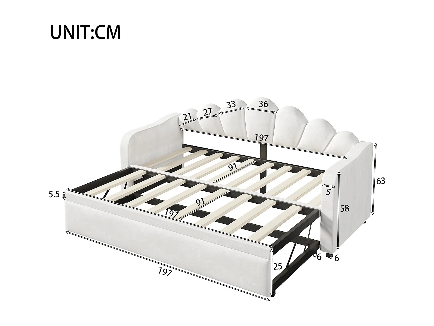 Lit banquette capitonnée gigogne - 90/180 x 200 cm - avec Leds - MDF - blanc
