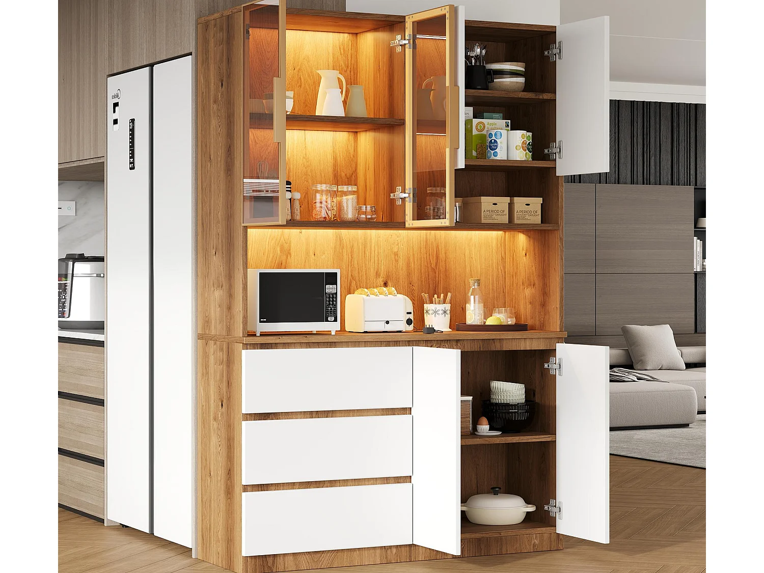 Aparador de cocina 120,5x40x180cm - 6 puertas + 3 cajones - con iluminación LED - mueble alto - Blanco + Natural