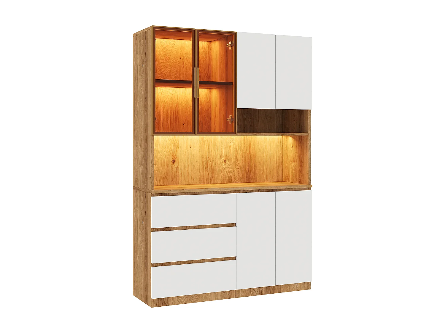 Aparador de cocina 120,5x40x180cm - 6 puertas + 3 cajones - con iluminación LED - mueble alto - Blanco + Natural