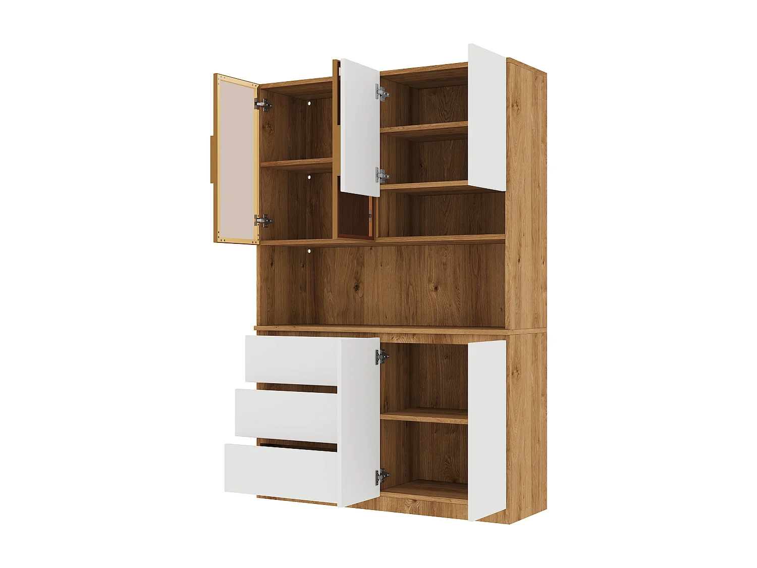 Aparador de cocina 120,5x40x180cm - 6 puertas + 3 cajones - con iluminación LED - mueble alto - Blanco + Natural