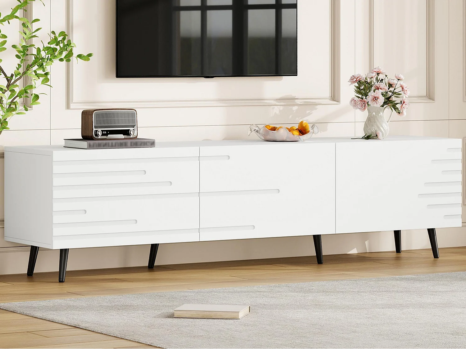 TV-Schrank 180x40x48 cm - 3 Klapptüren - 6 Füße - Geeignet für TV bis zu 80 Zoll - MDF - Weiß