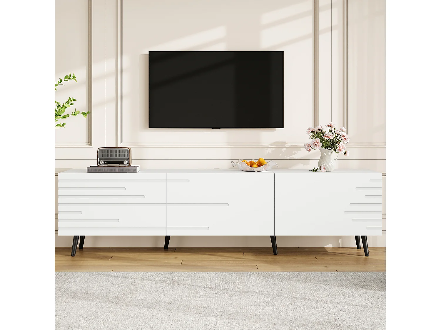TV-Schrank 180x40x48 cm - 3 Klapptüren - 6 Füße - Geeignet für TV bis zu 80 Zoll - MDF - Weiß