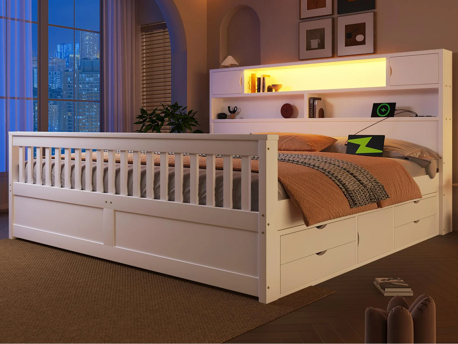 Doppelbett 180x200 cm - Mit 4 Schubladen - Kopfteil mit Stauraum - LED-Beleuchtung und USB-Anschluss - MDF - Weiß​ (ohne Matratze)