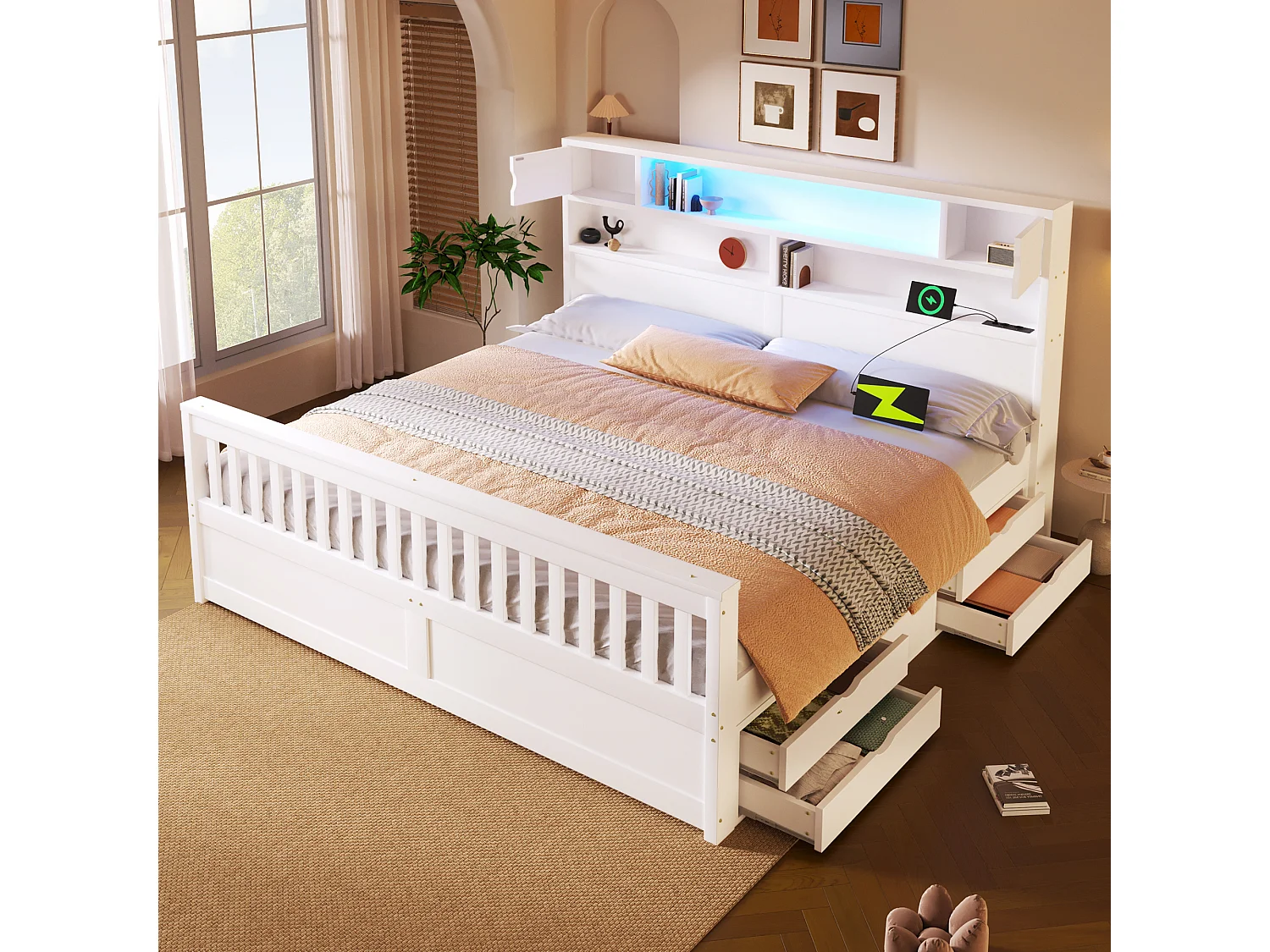 Doppelbett 180x200 cm - Mit 4 Schubladen - Kopfteil mit Stauraum - LED-Beleuchtung und USB-Anschluss - MDF - Weiß​ (ohne Matratze)