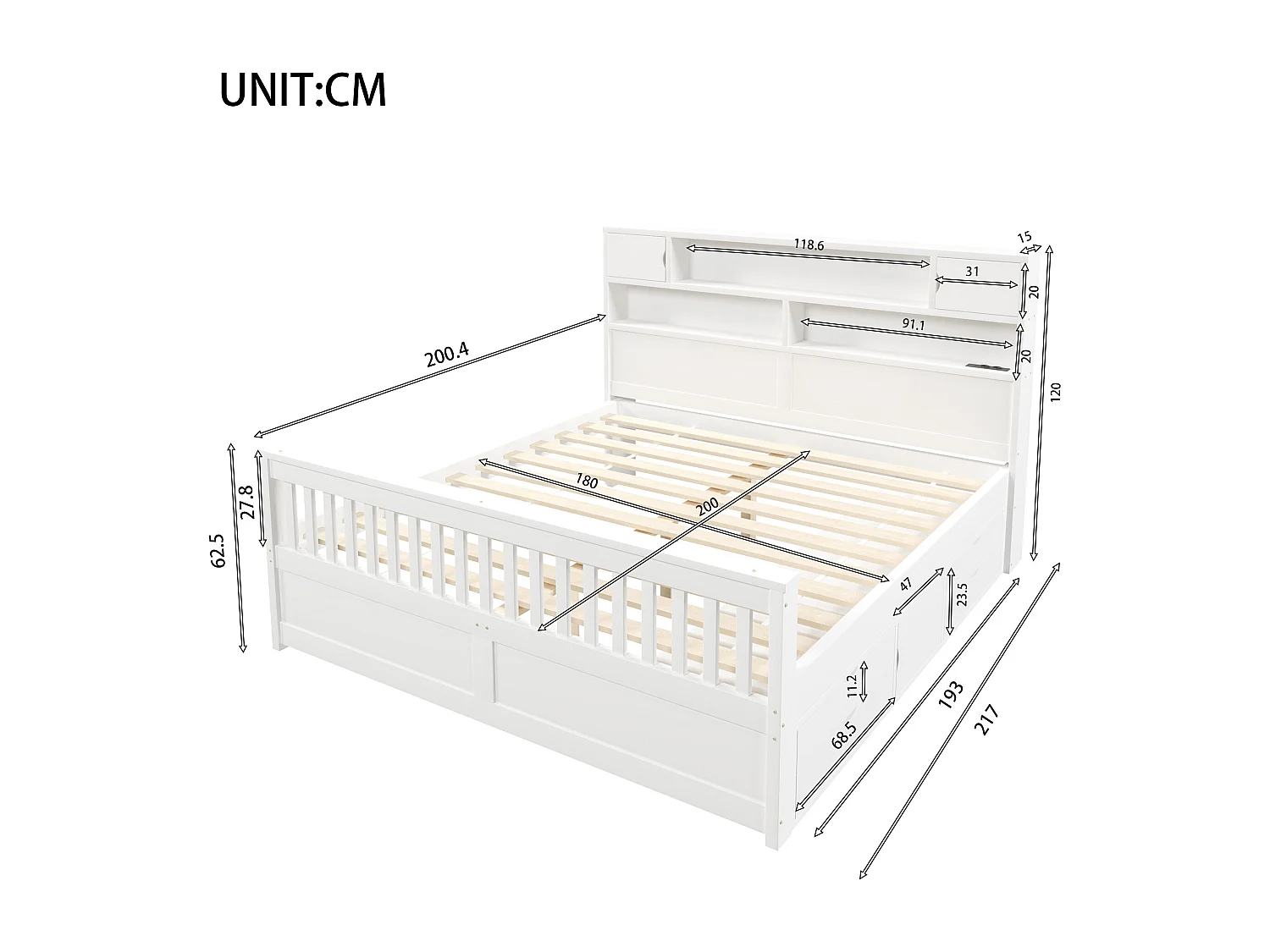 Doppelbett 180x200 cm - Mit 4 Schubladen - Kopfteil mit Stauraum - LED-Beleuchtung und USB-Anschluss - MDF - Weiß​ (ohne Matratze)