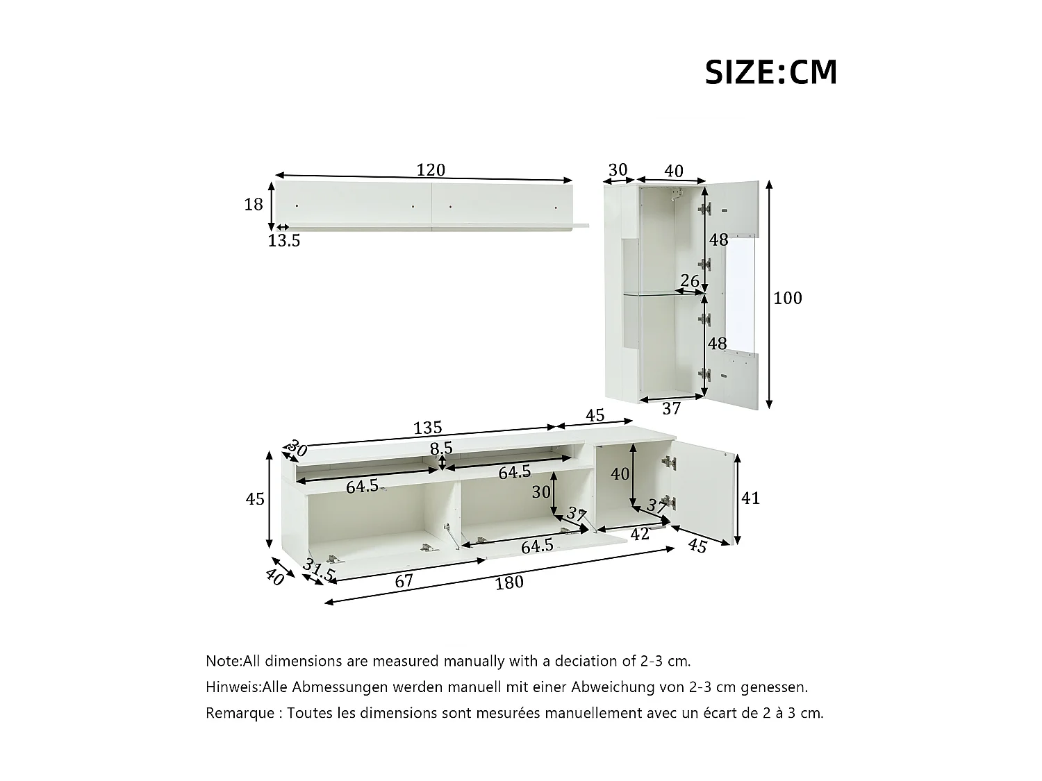 TV-Möbel-Set 3-teilig - TV-Schrank+Vitrine+Wandregal - Großer Stauraum - Hochglanz-Finish - Weiß