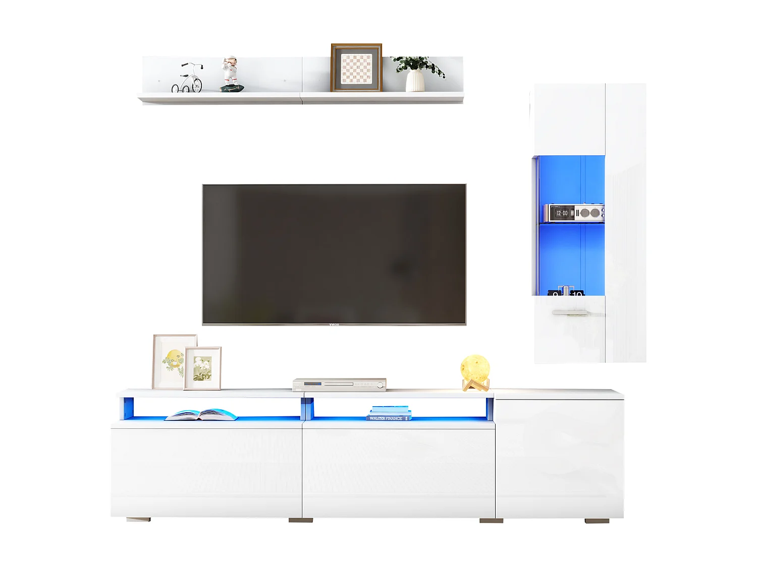 TV-Möbel-Set 3-teilig - TV-Schrank+Vitrine+Wandregal - Großer Stauraum - Hochglanz-Finish - Weiß