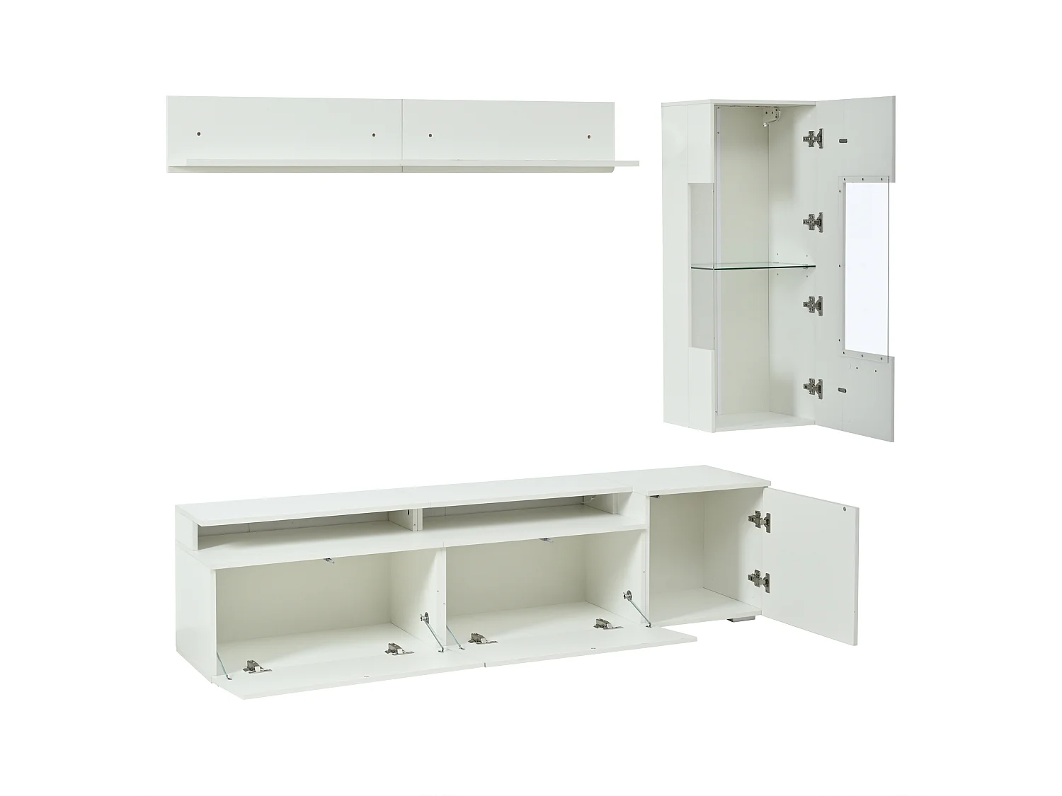 TV-Möbel-Set 3-teilig - TV-Schrank+Vitrine+Wandregal - Großer Stauraum - Hochglanz-Finish - Weiß