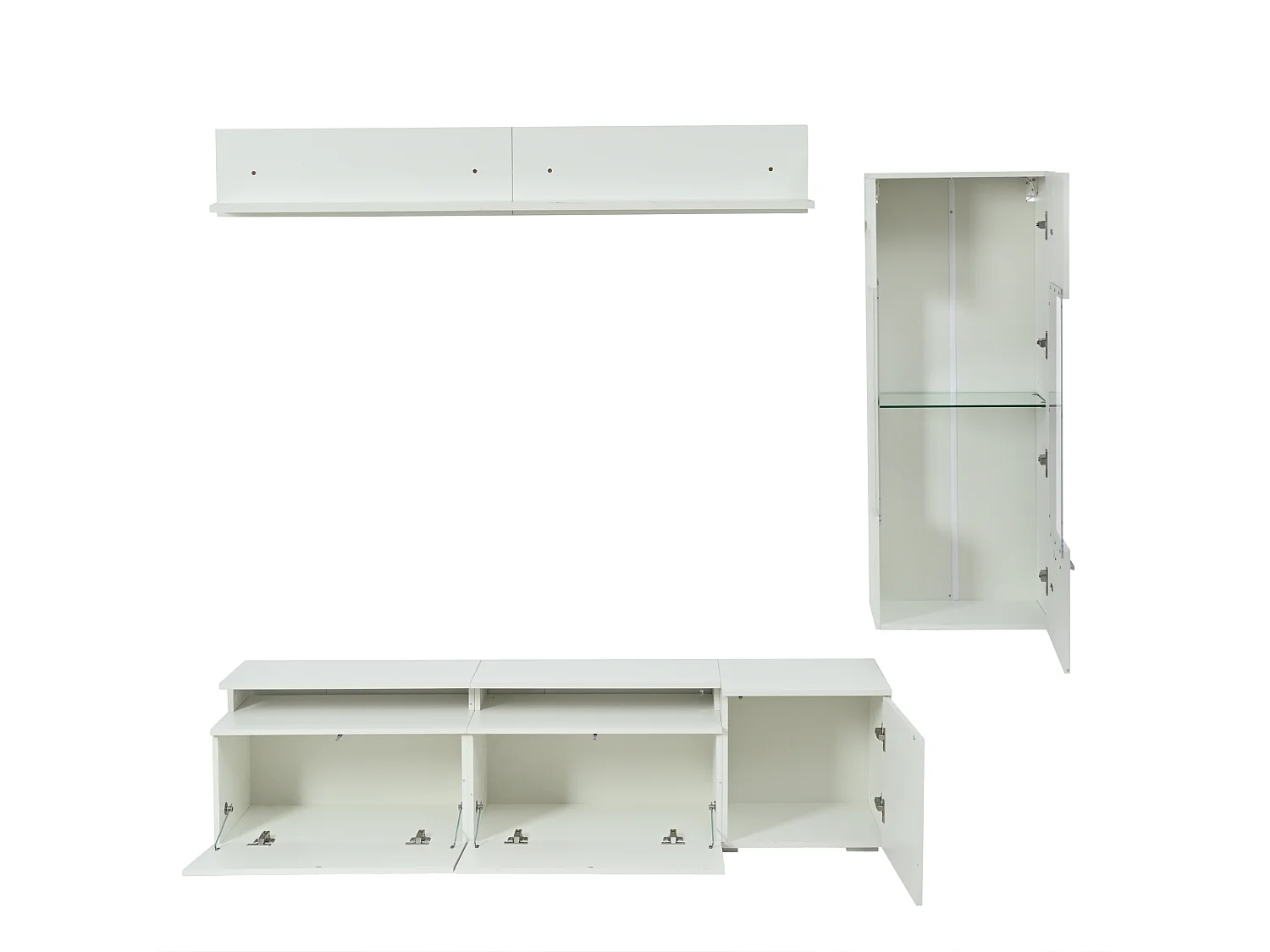 TV-Möbel-Set 3-teilig - TV-Schrank+Vitrine+Wandregal - Großer Stauraum - Hochglanz-Finish - Weiß