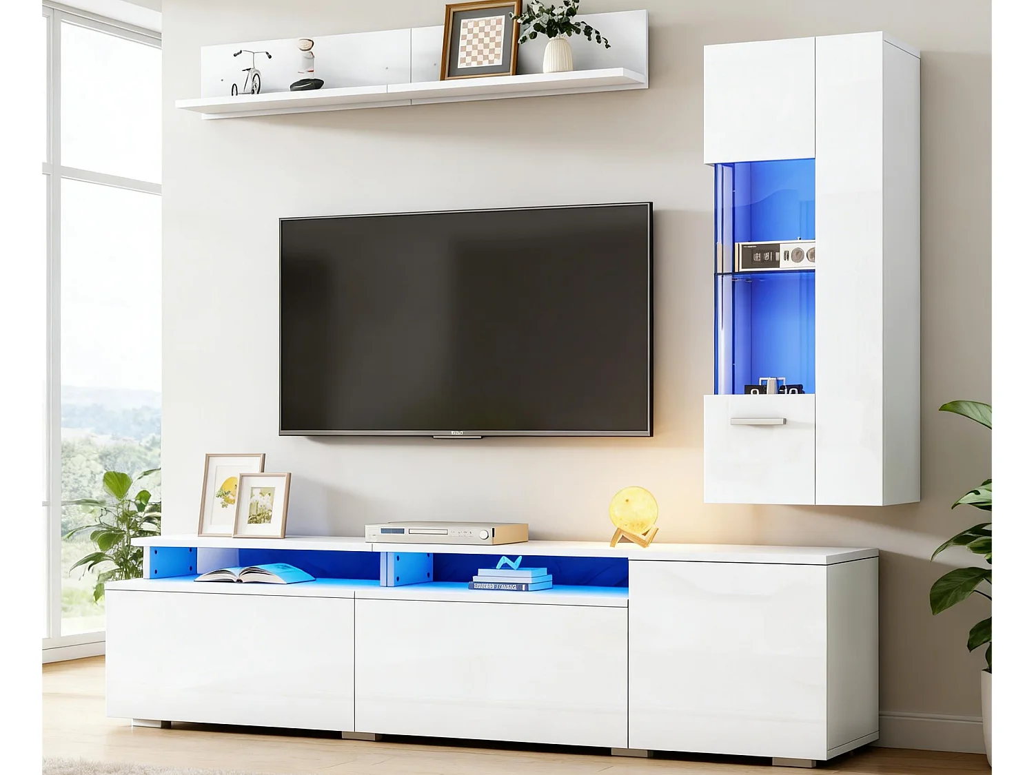 TV-Möbel-Set 3-teilig - TV-Schrank+Vitrine+Wandregal - Großer Stauraum - Hochglanz-Finish - Weiß