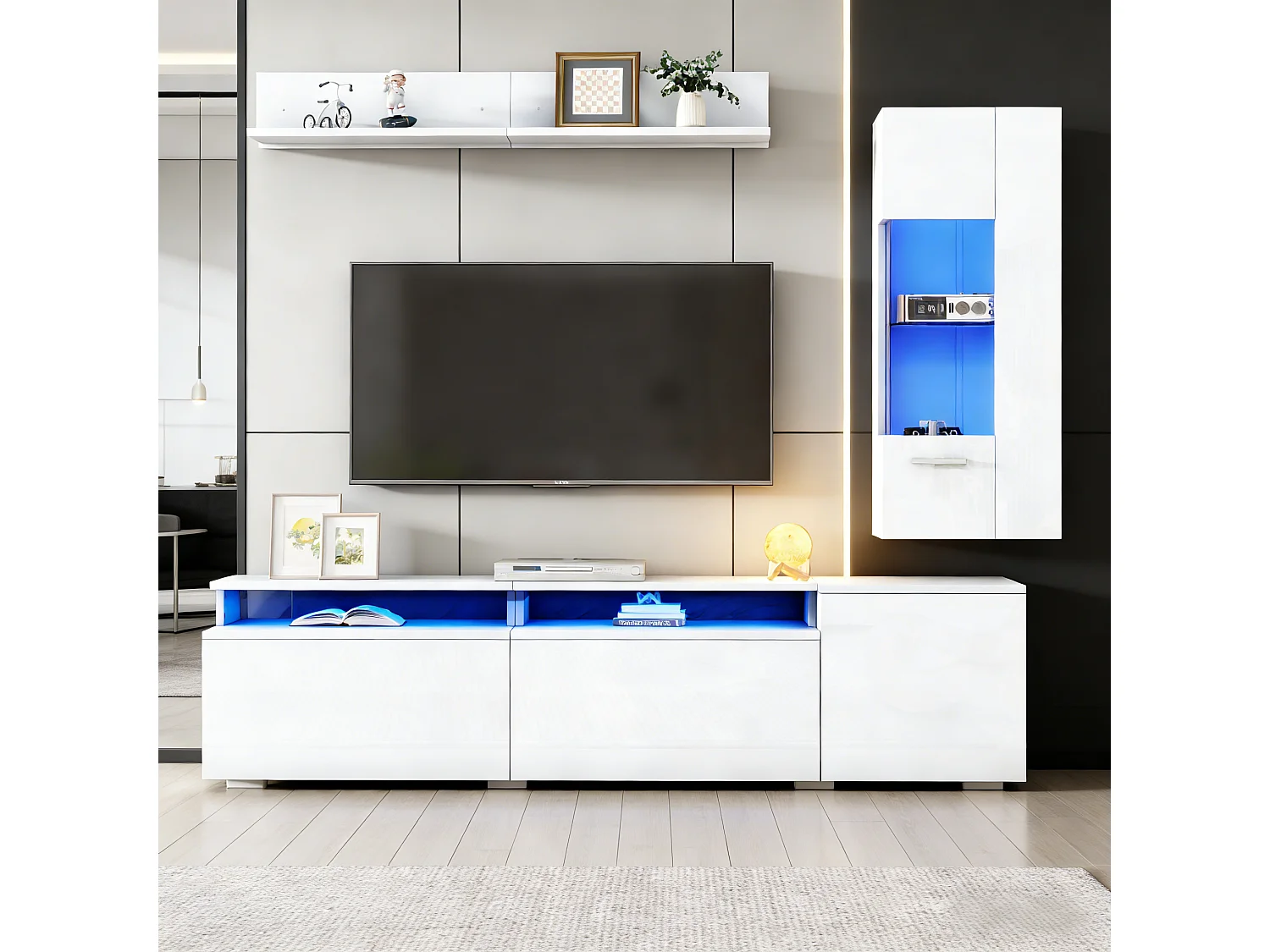 TV-Möbel-Set 3-teilig - TV-Schrank+Vitrine+Wandregal - Großer Stauraum - Hochglanz-Finish - Weiß