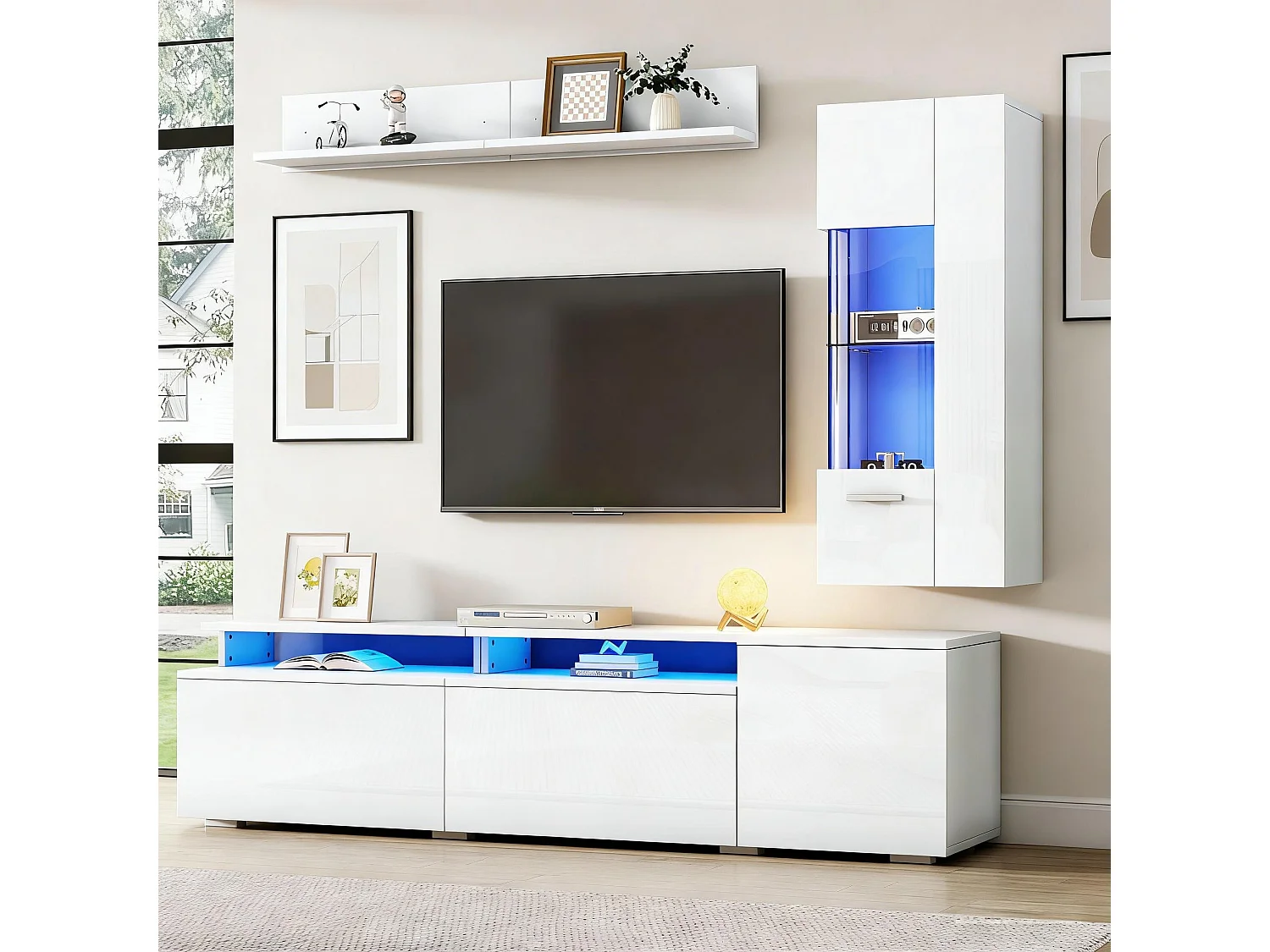 TV-Möbel-Set 3-teilig - TV-Schrank+Vitrine+Wandregal - Großer Stauraum - Hochglanz-Finish - Weiß