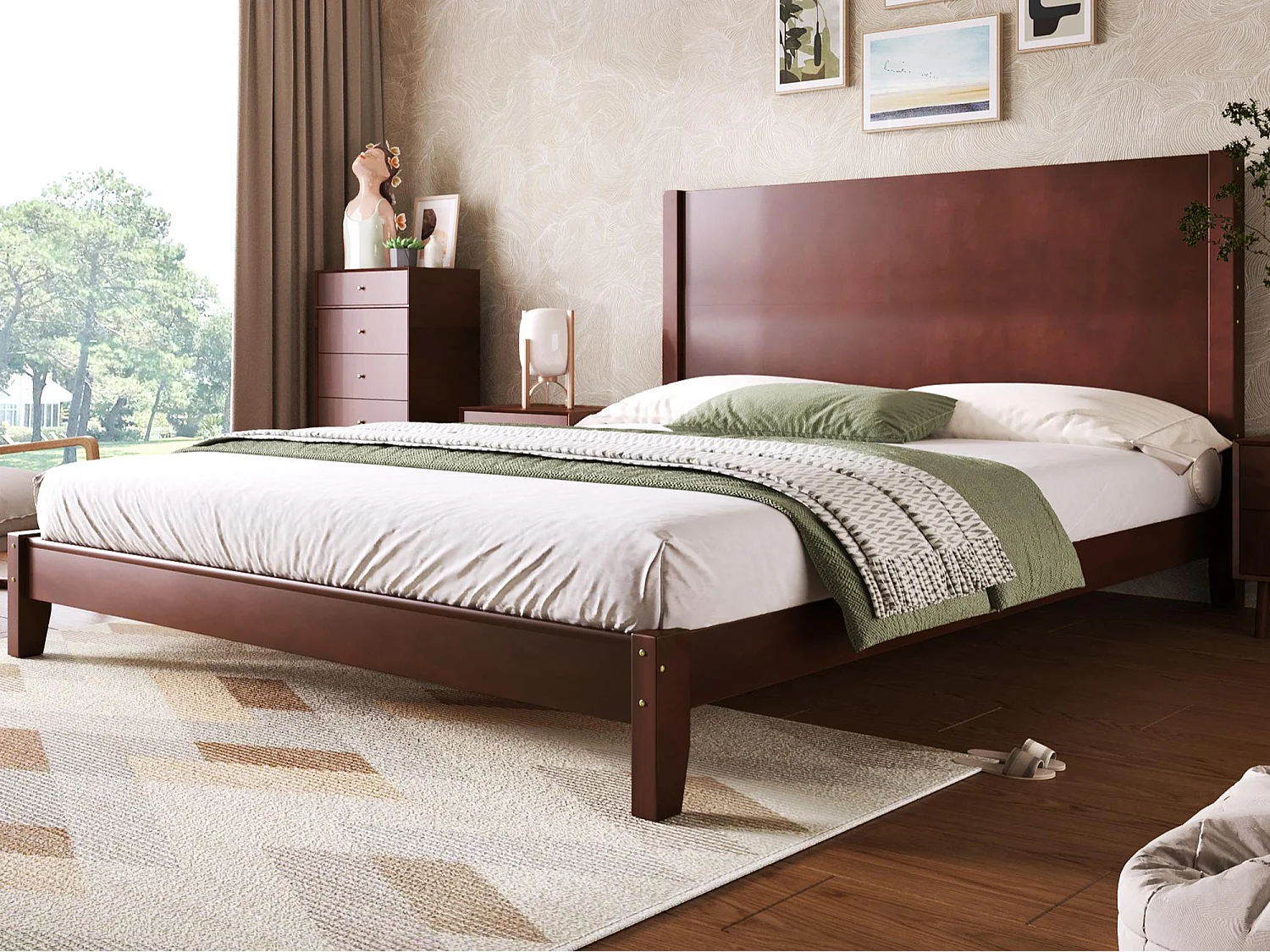 Letto matrimoniale 160x200 cm - Con testiera - Con rete a doghe in legno massello - MDF + Pino - Marrone​ (Materasso non incluso)